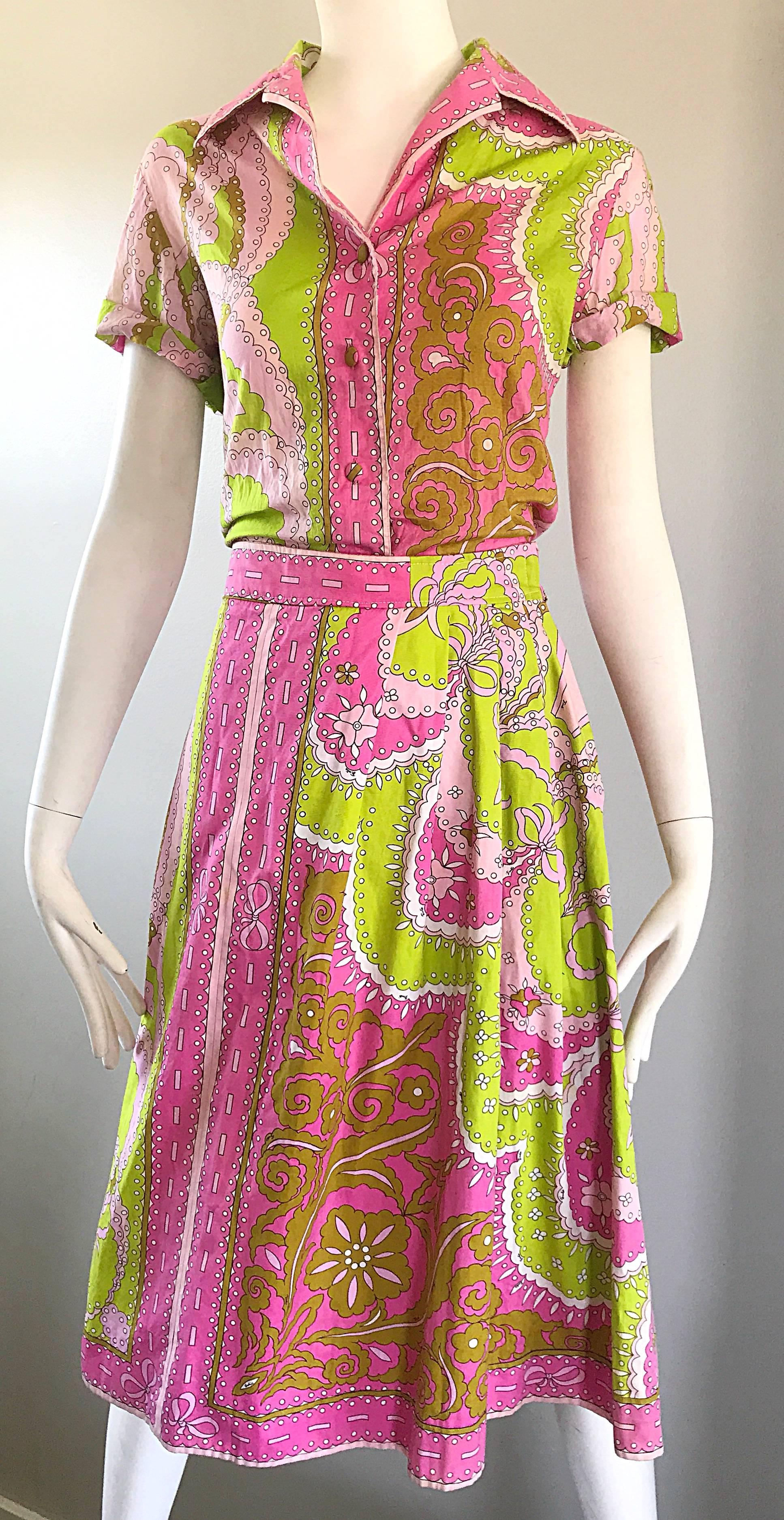 Brown 1960s Emilio Pucci Cotton Pink and Green Vintage 60s Blouse and Skirt Dress Set