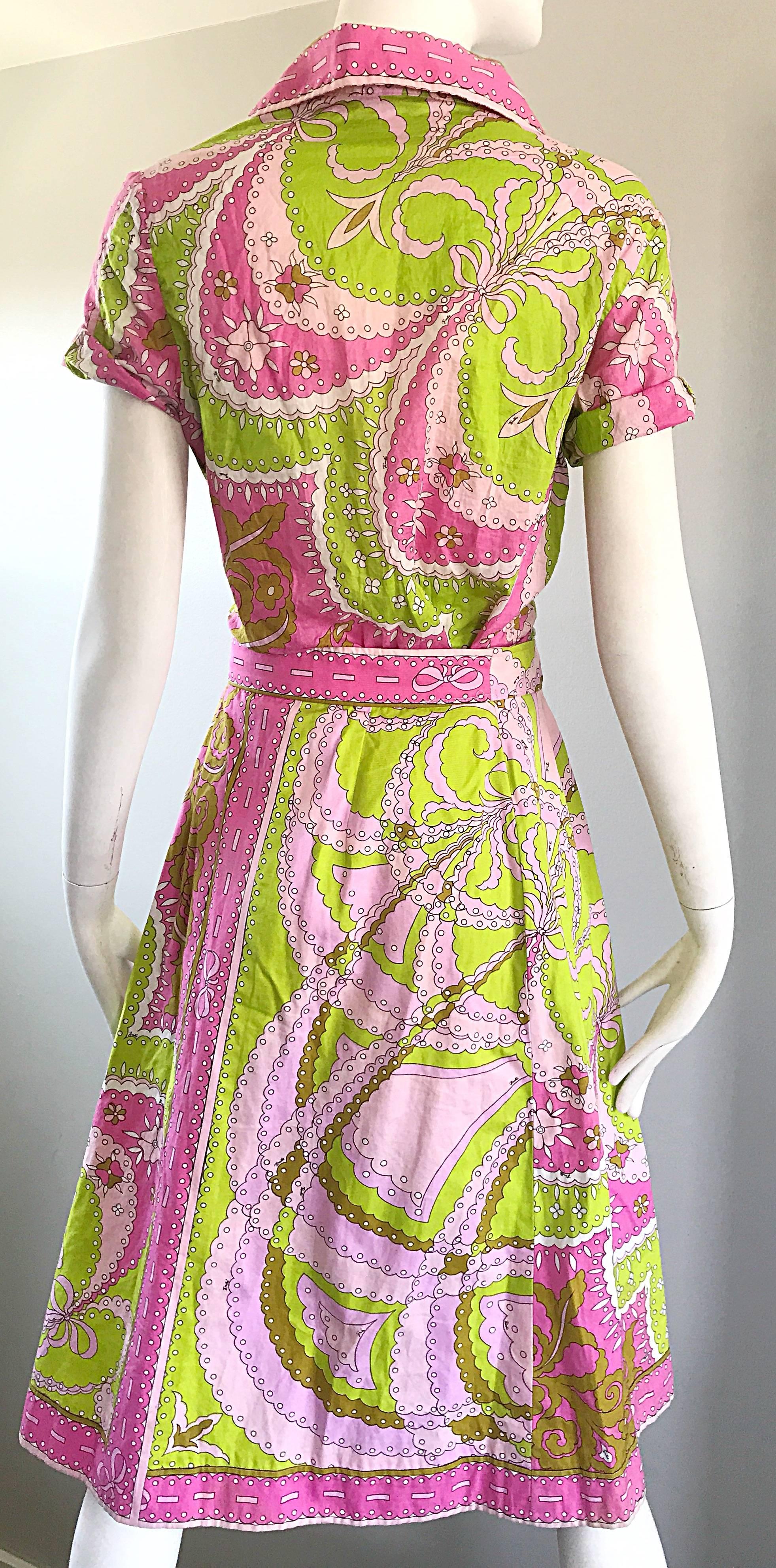 1960s Emilio Pucci Cotton Pink and Green Vintage 60s Blouse and Skirt Dress Set In Excellent Condition In San Diego, CA
