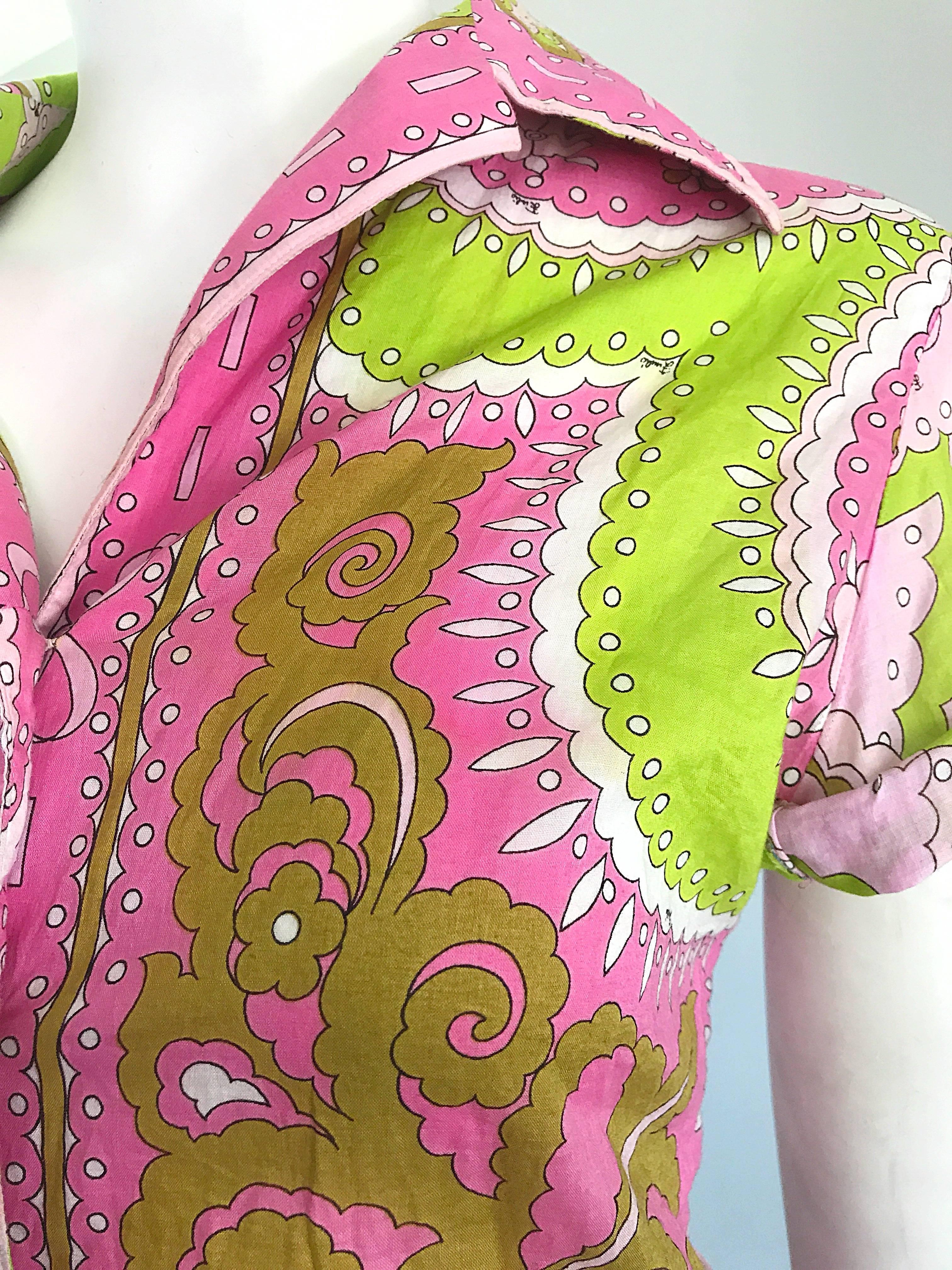 1960s Emilio Pucci Cotton Pink and Green Vintage 60s Blouse and Skirt Dress Set 1