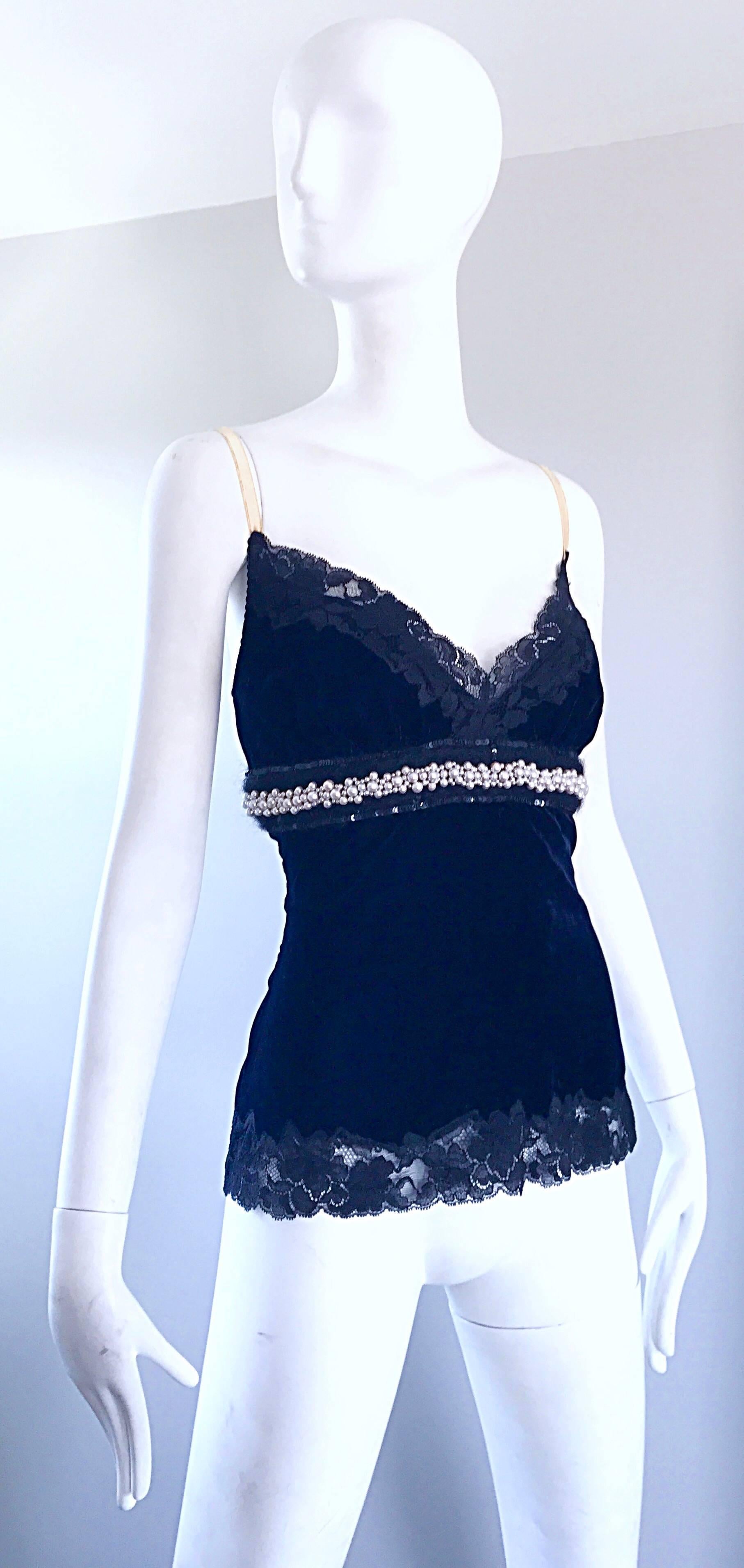 Sexy 90s DOLCE & GABBANA navy blue velvet and black lace pearl and sequin encrusted sleeveless bustier top! Features luxurious soft navy blue velvet and black lace. Hundreds of white pearls and black sequins were hand-sewn below the front and back