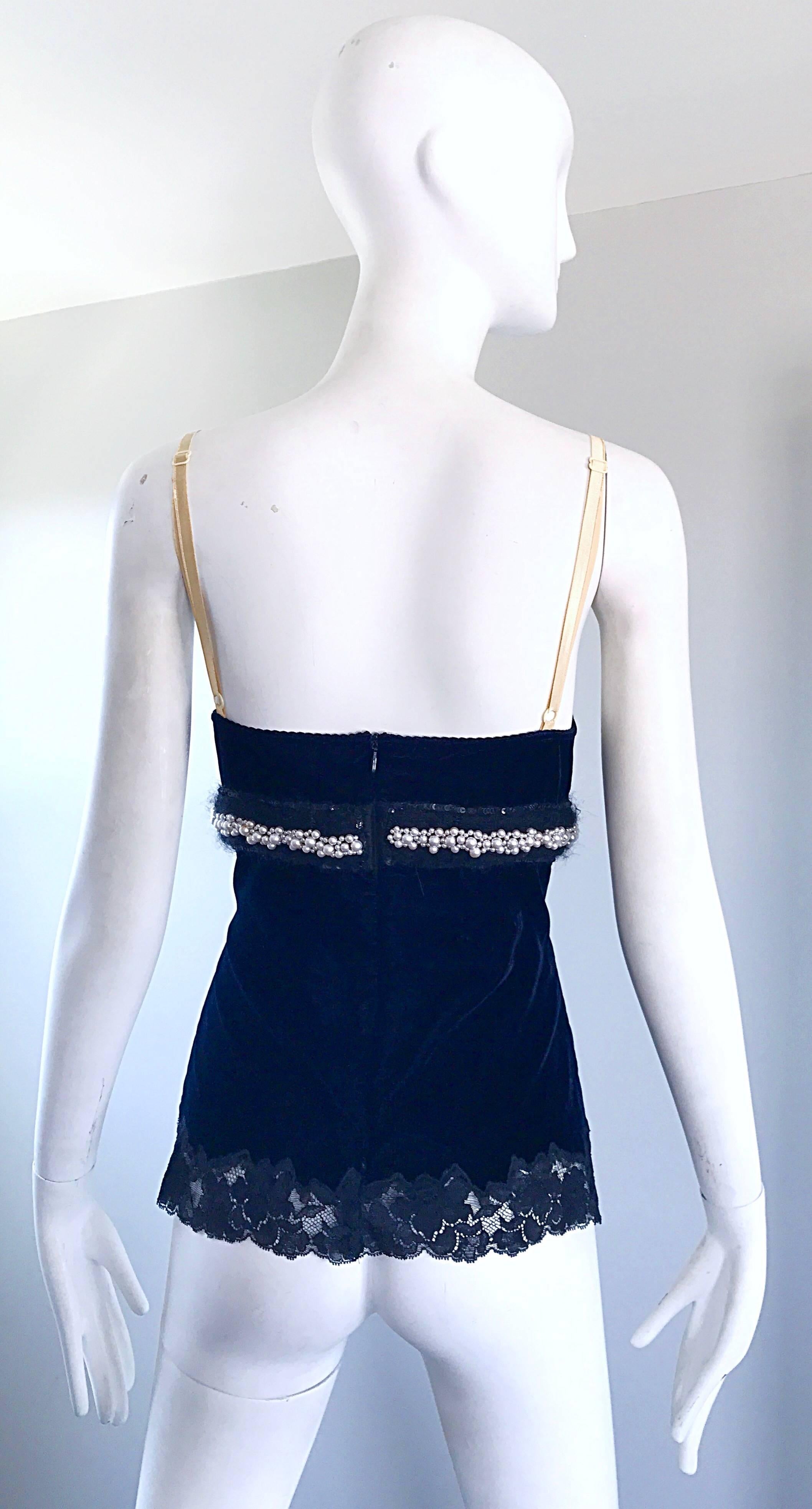 Black 1990s Dolce & Gabbana Navy Blue Velvet Pearls + Sequins Lace Bustier Vintage Top