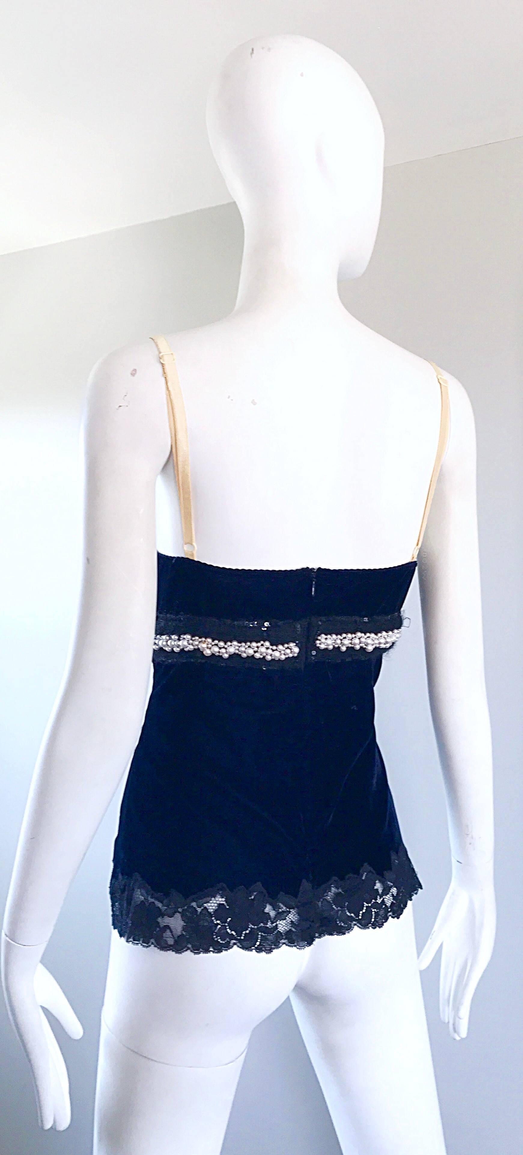 1990s Dolce & Gabbana Navy Blue Velvet Pearls + Sequins Lace Bustier Vintage Top In Excellent Condition In San Diego, CA