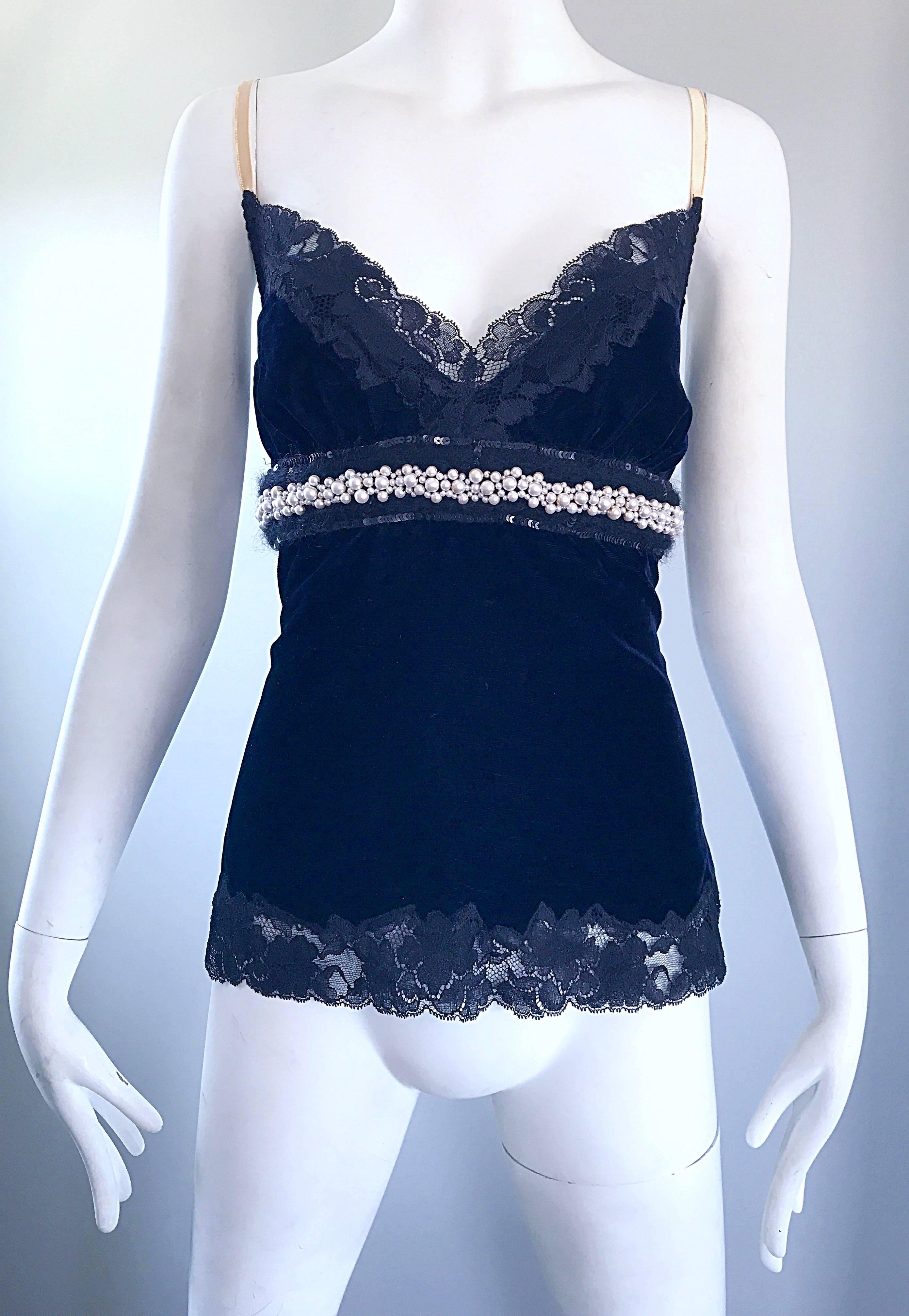 1990s Dolce & Gabbana Navy Blue Velvet Pearls + Sequins Lace Bustier Vintage Top 2