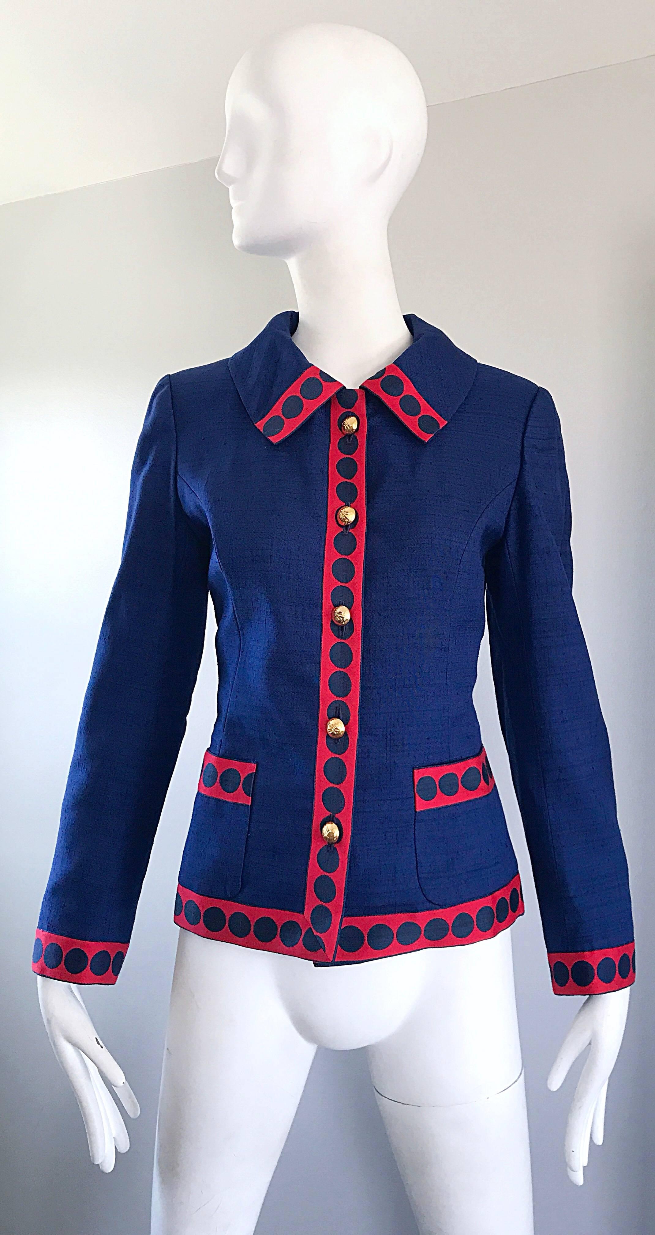 Chic 1960s GEOFFREY BEENE navy blue and red raw silk shantung nautical blazer jacket! Features a Jackie O collar, and gold buttons up the bodice. Vibrant navy blue is offset with red polka dots throughout. Pocket at each side of the waist. Expertly