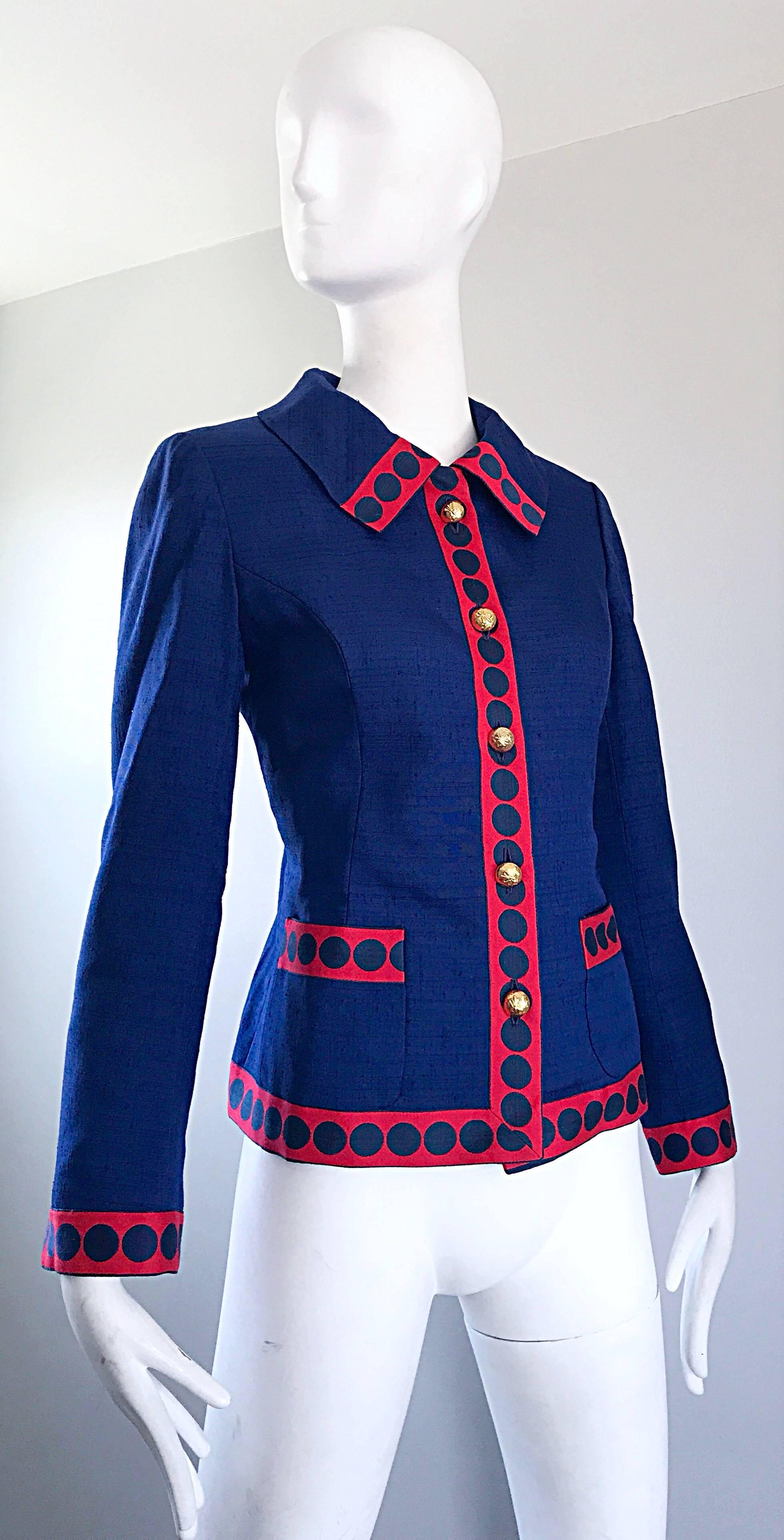 Purple Geoffrey Beene 1960s Navy Blue Red Silk Nautical Polka Dot Vintage 60s Jacket