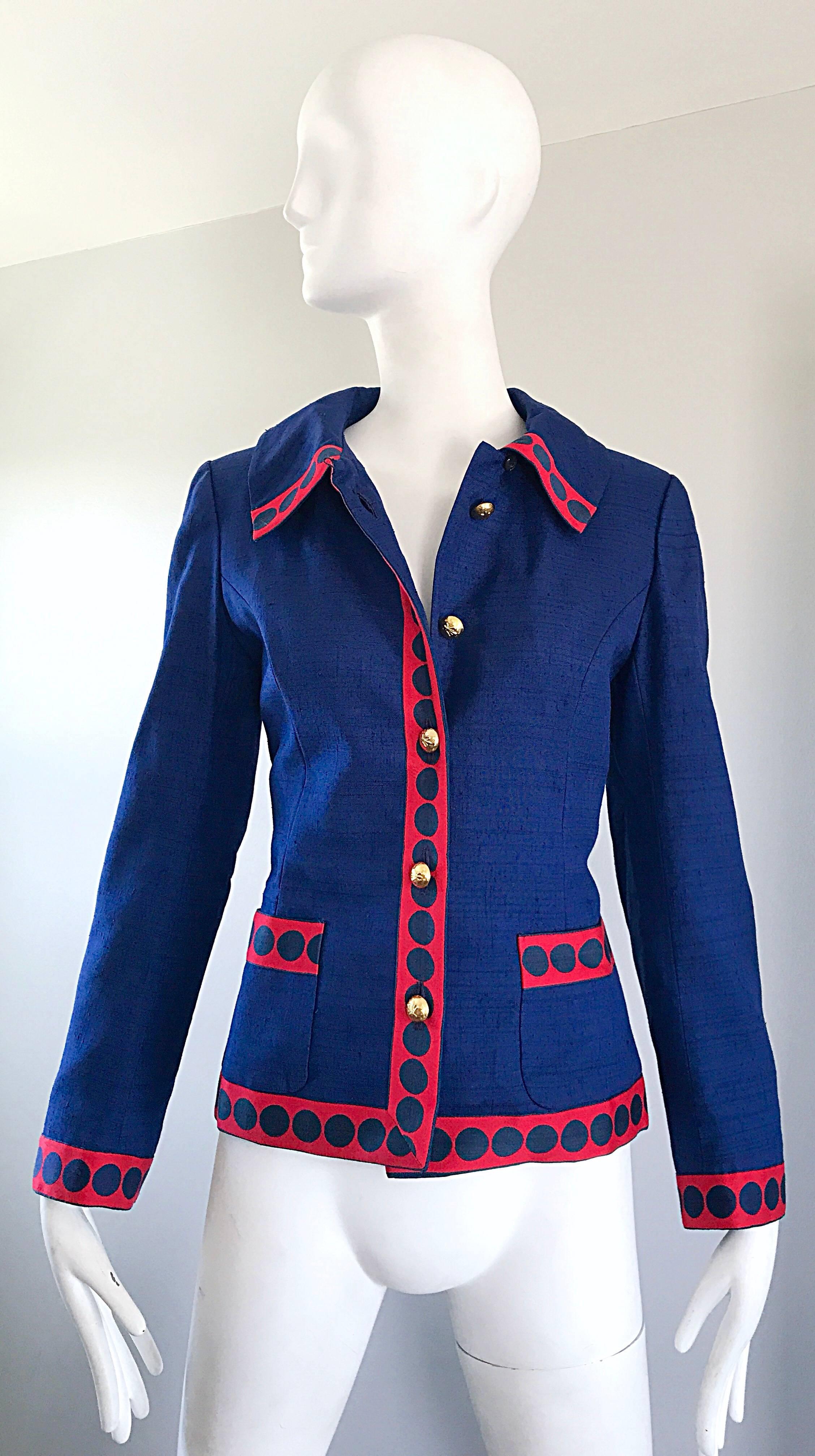 Geoffrey Beene 1960s Navy Blue Red Silk Nautical Polka Dot Vintage 60s Jacket In Excellent Condition In San Diego, CA