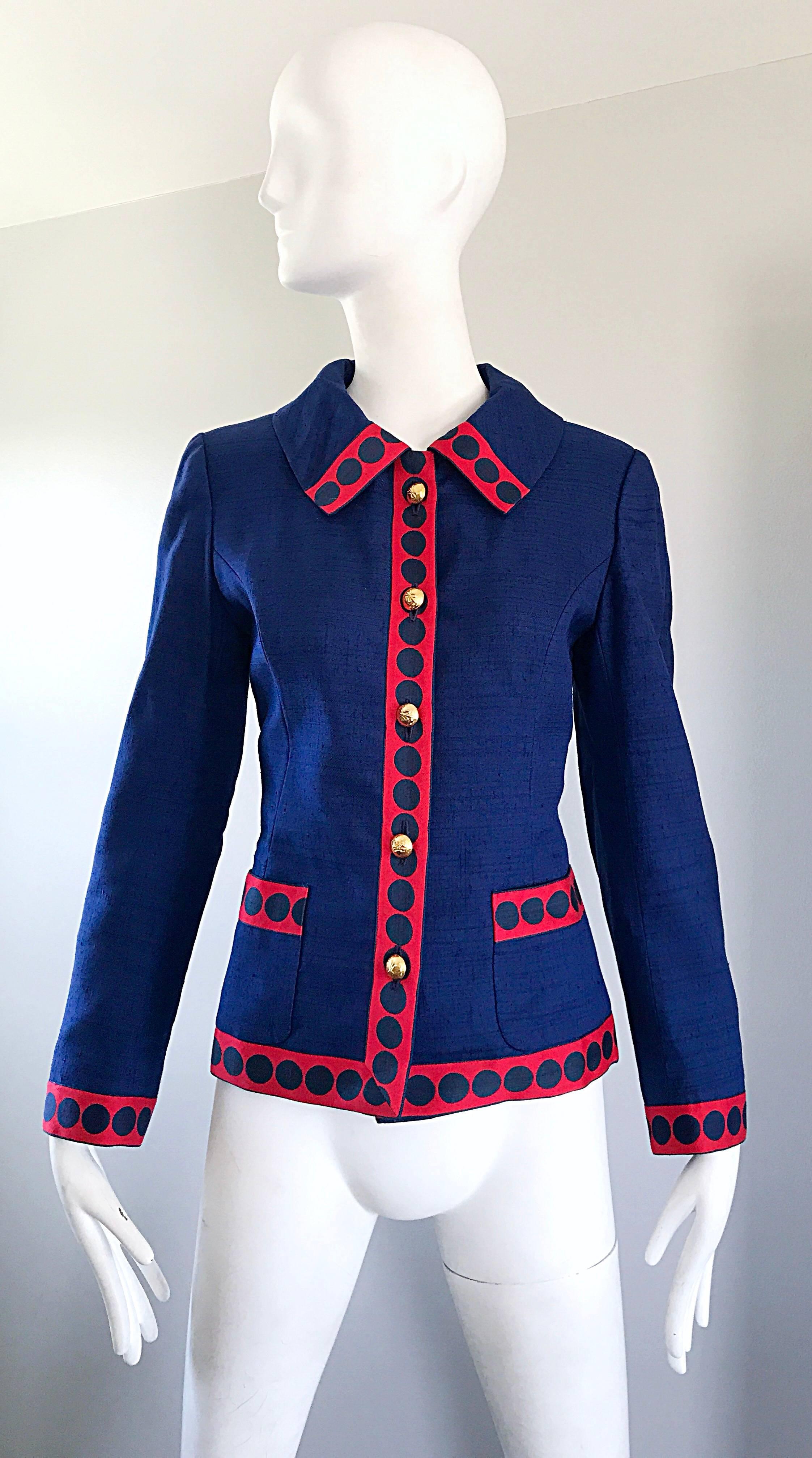 Women's Geoffrey Beene 1960s Navy Blue Red Silk Nautical Polka Dot Vintage 60s Jacket