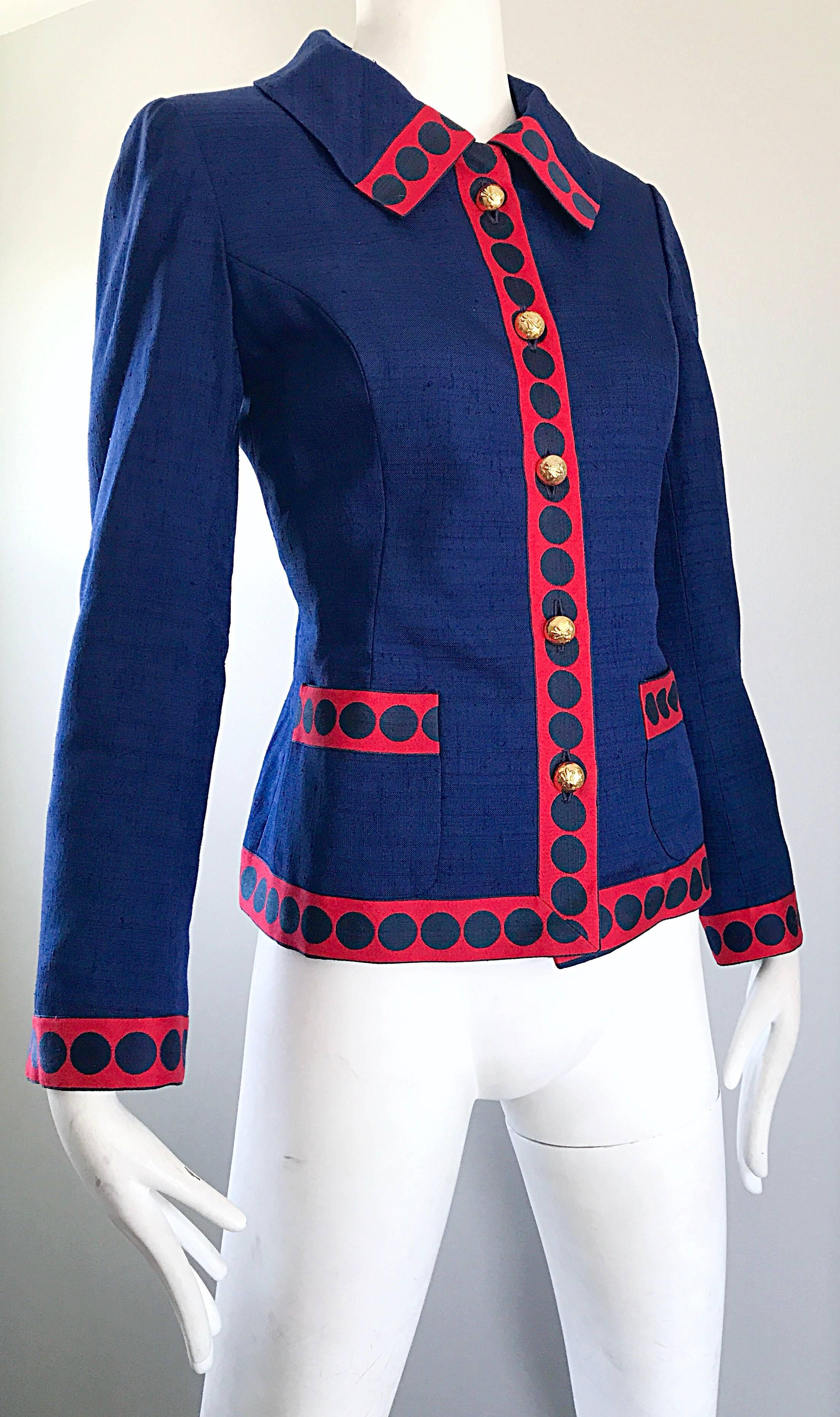 Geoffrey Beene 1960s Navy Blue Red Silk Nautical Polka Dot Vintage 60s Jacket 3