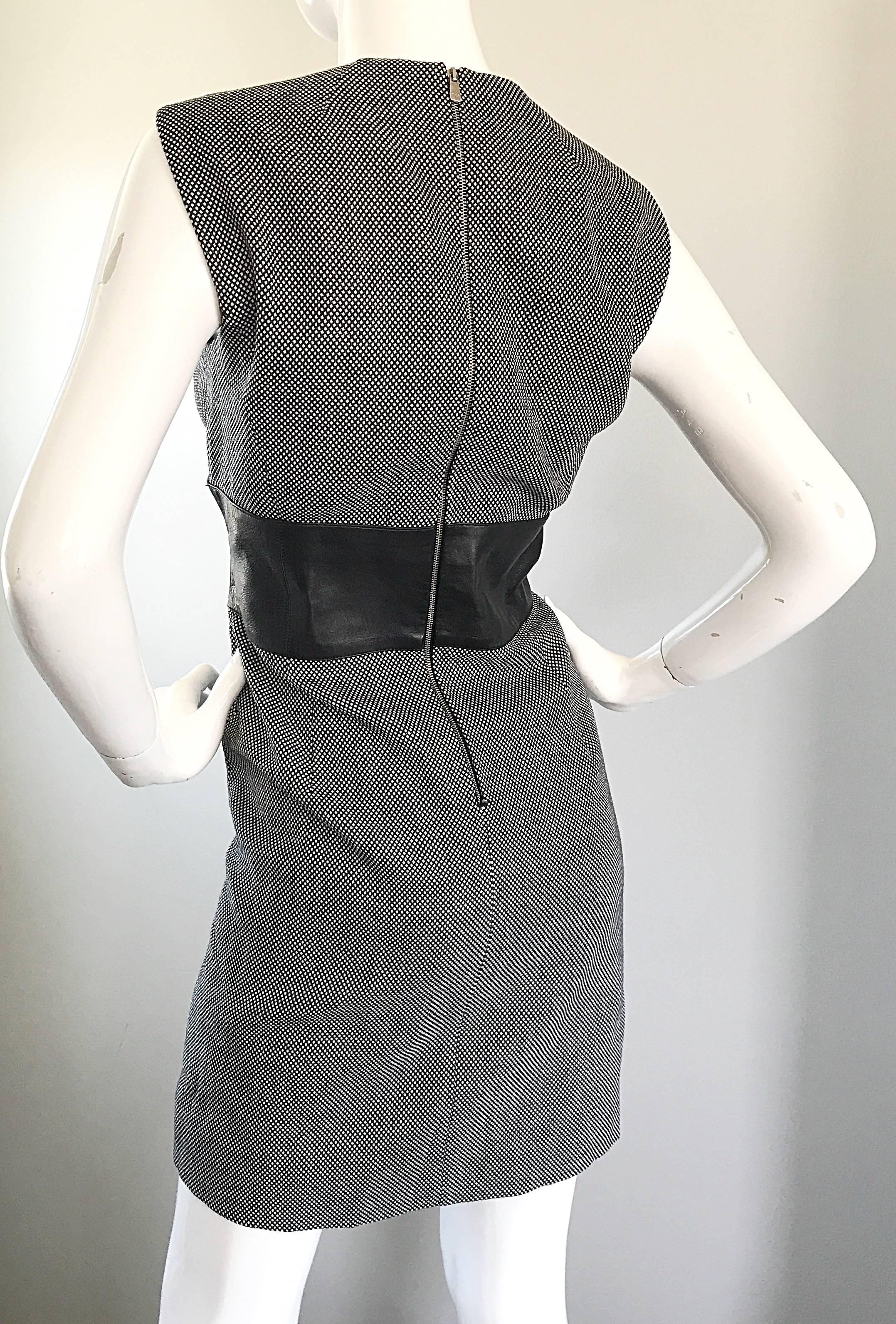 Size 12 14 New Michael Kors Collection BlackWhite Wool + Leather Classic Dress For Sale 1