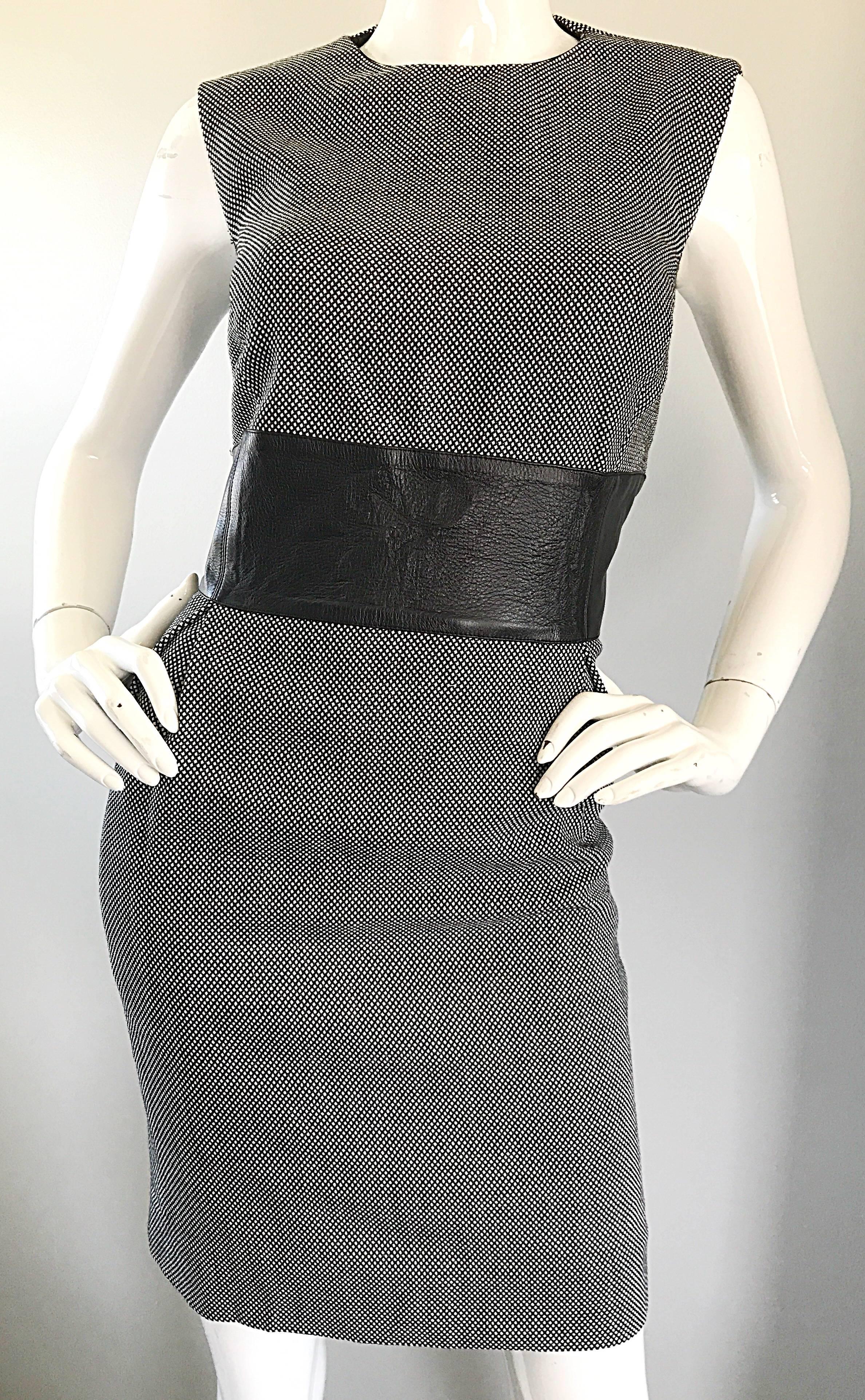 Size 12 14 New Michael Kors Collection BlackWhite Wool + Leather Classic Dress For Sale 2