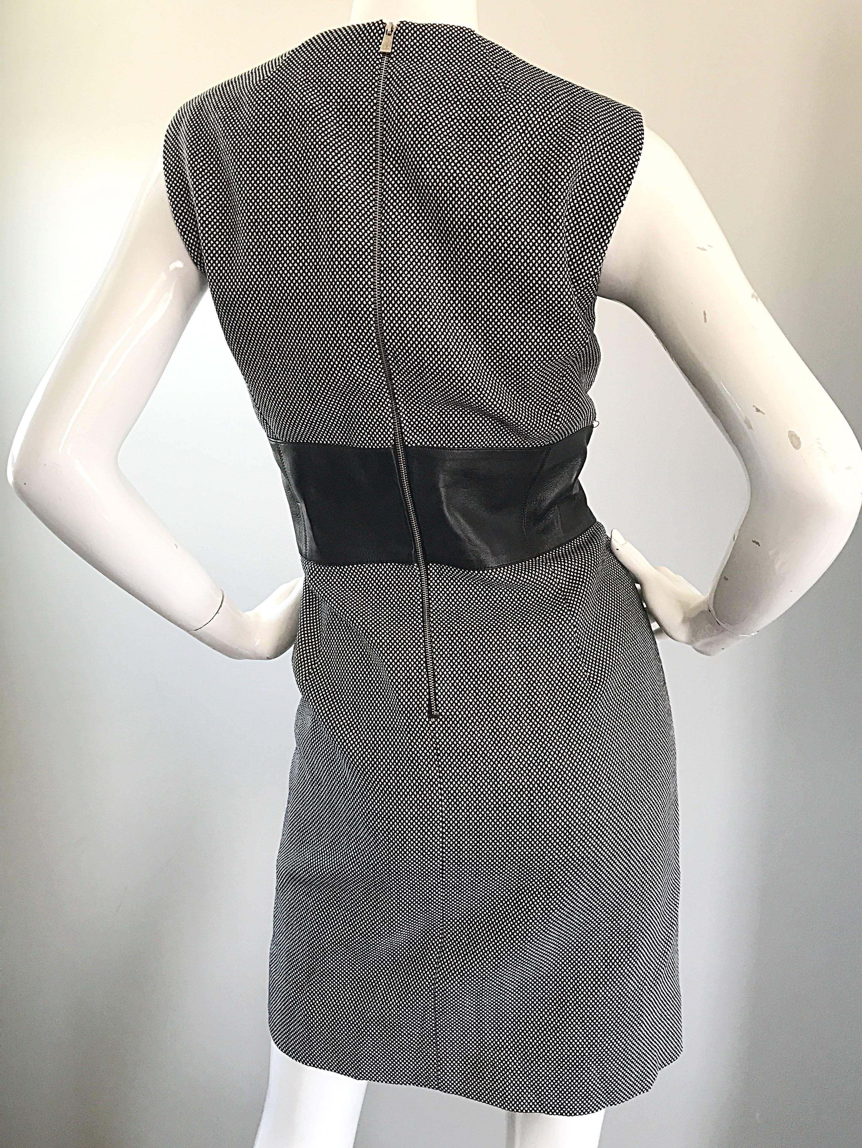 Size 12 14 New Michael Kors Collection BlackWhite Wool + Leather Classic Dress For Sale 3