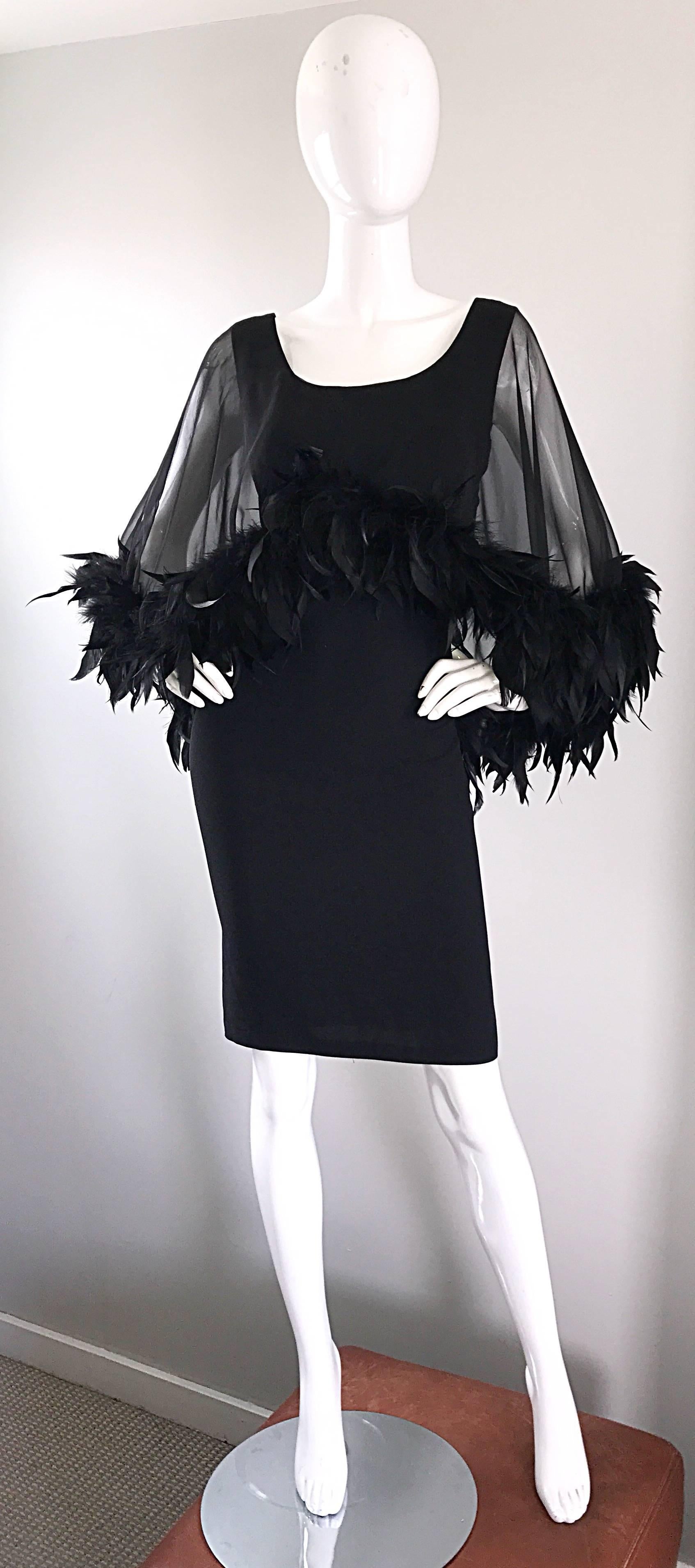 Gorgeous 1950s Demi Couture Black Vintage 50s Dress w/ Sheer Feather Overlay In Excellent Condition In San Diego, CA