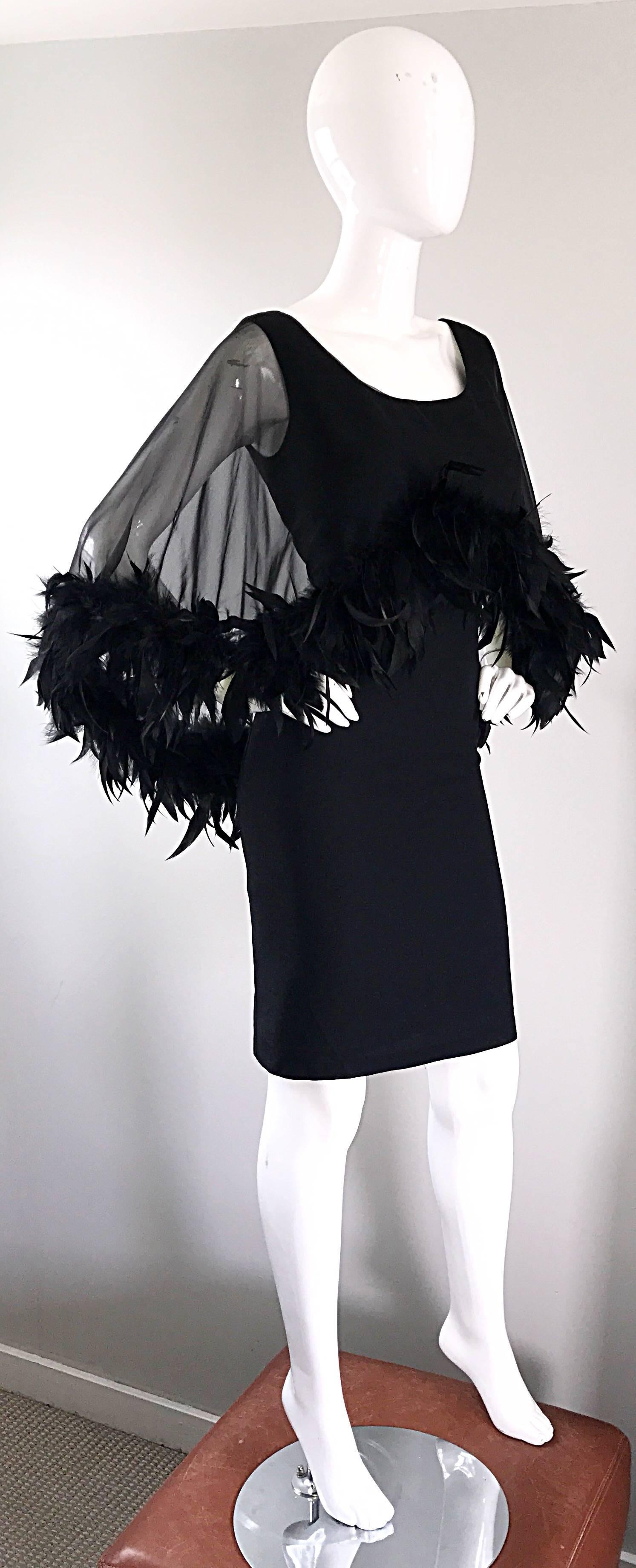Women's Gorgeous 1950s Demi Couture Black Vintage 50s Dress w/ Sheer Feather Overlay