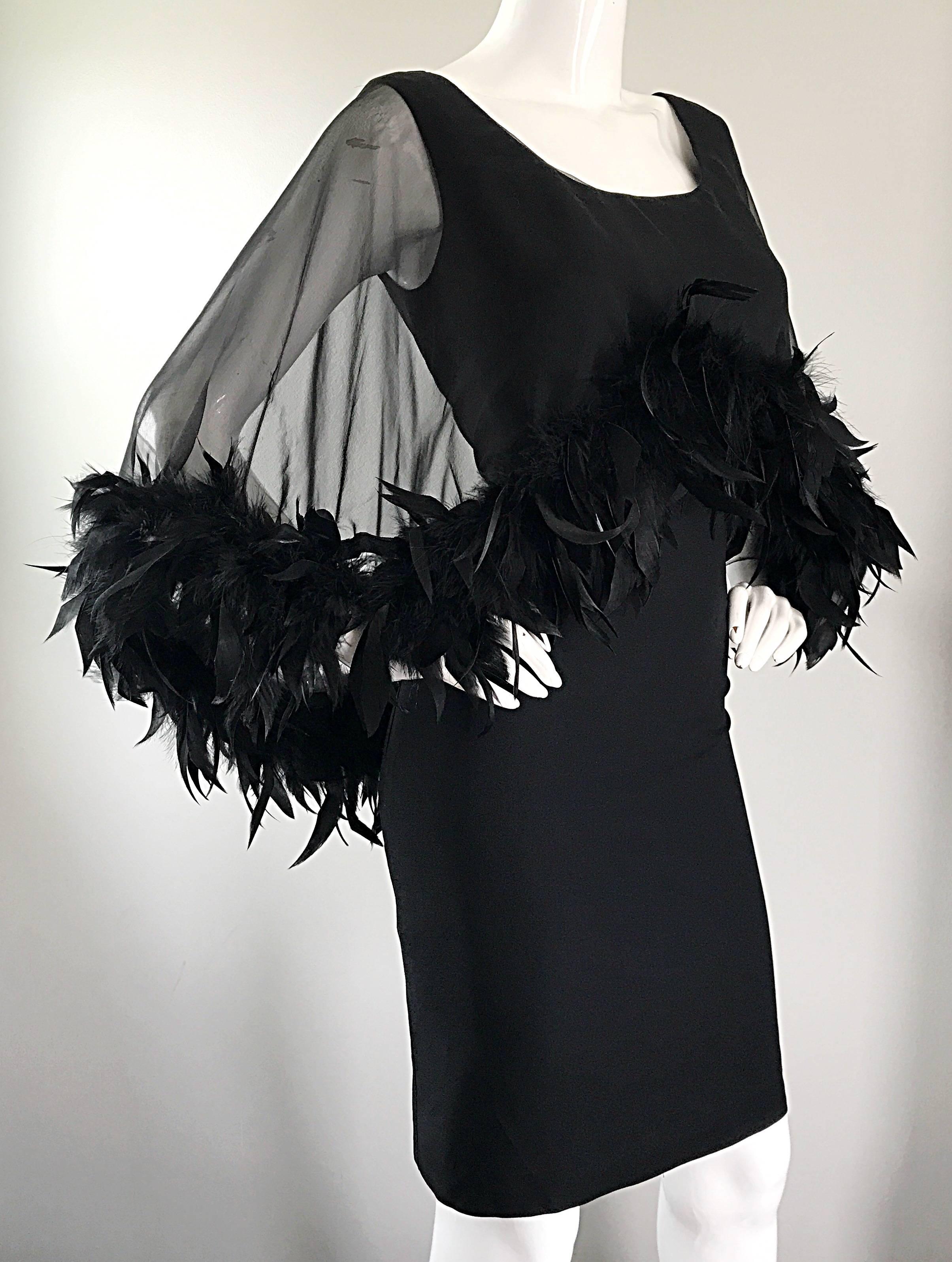 Gorgeous 1950s Demi Couture Black Vintage 50s Dress w/ Sheer Feather Overlay 2