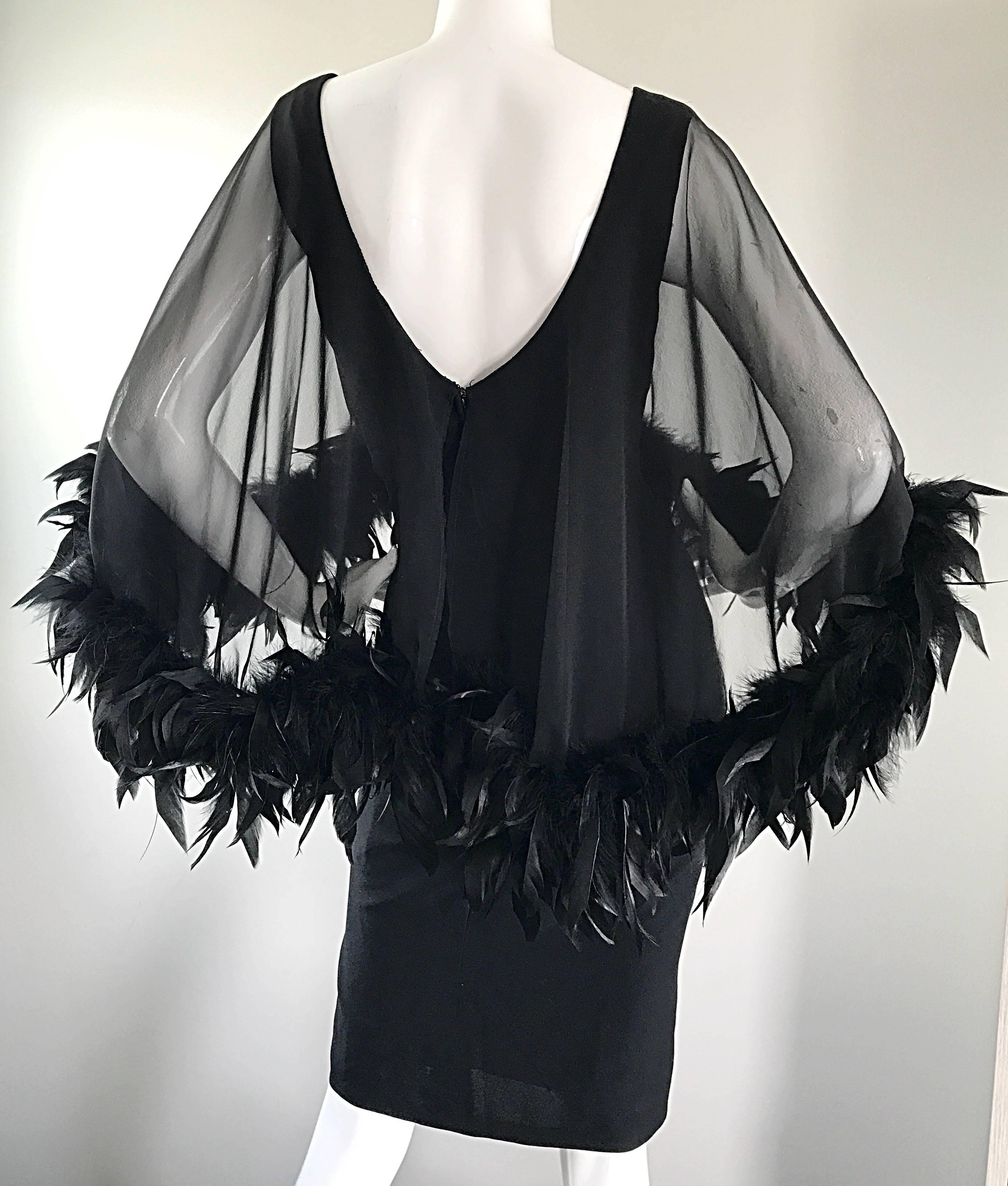 Gorgeous 1950s Demi Couture Black Vintage 50s Dress w/ Sheer Feather Overlay 3