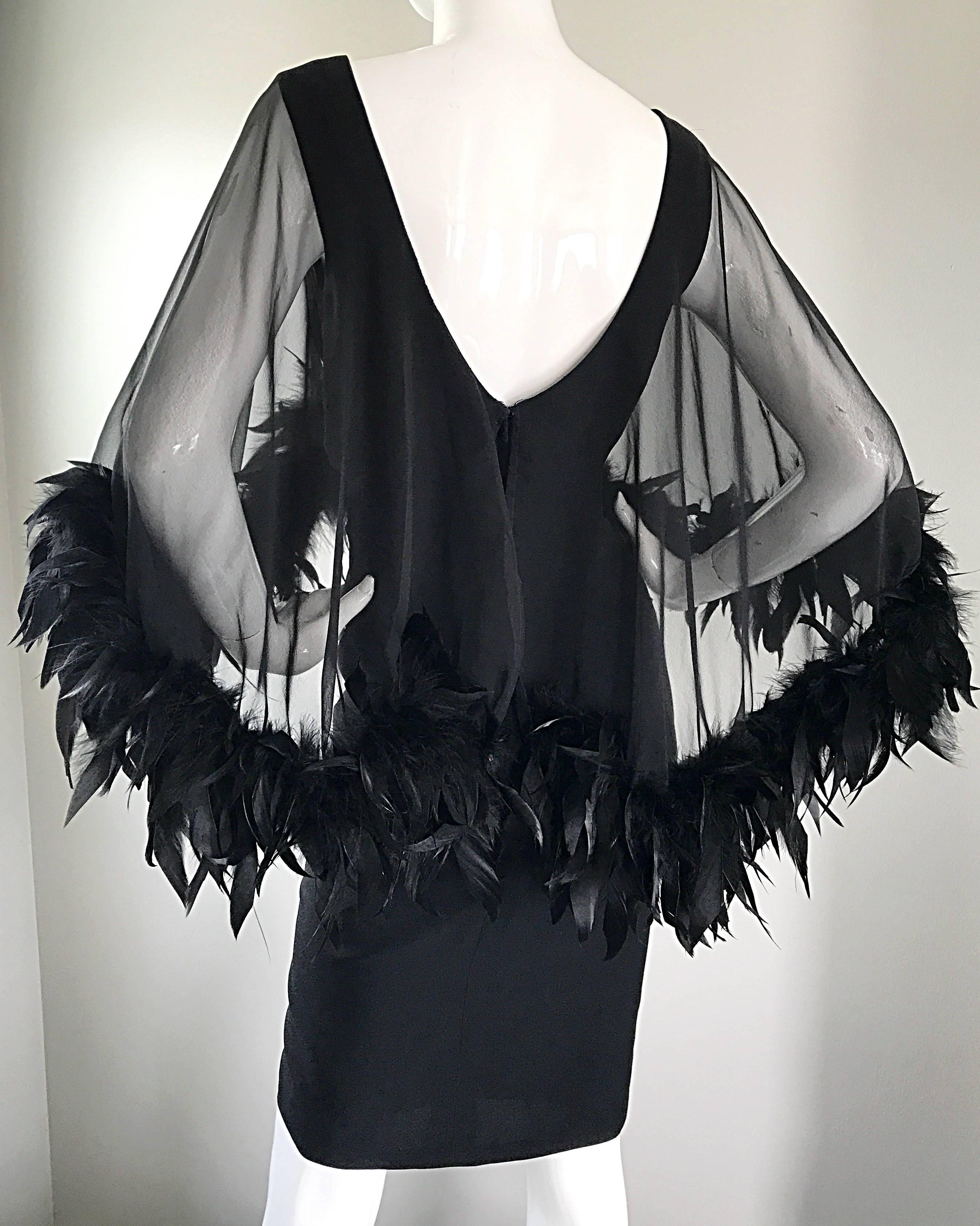 Gorgeous 1950s Demi Couture Black Vintage 50s Dress w/ Sheer Feather Overlay 4