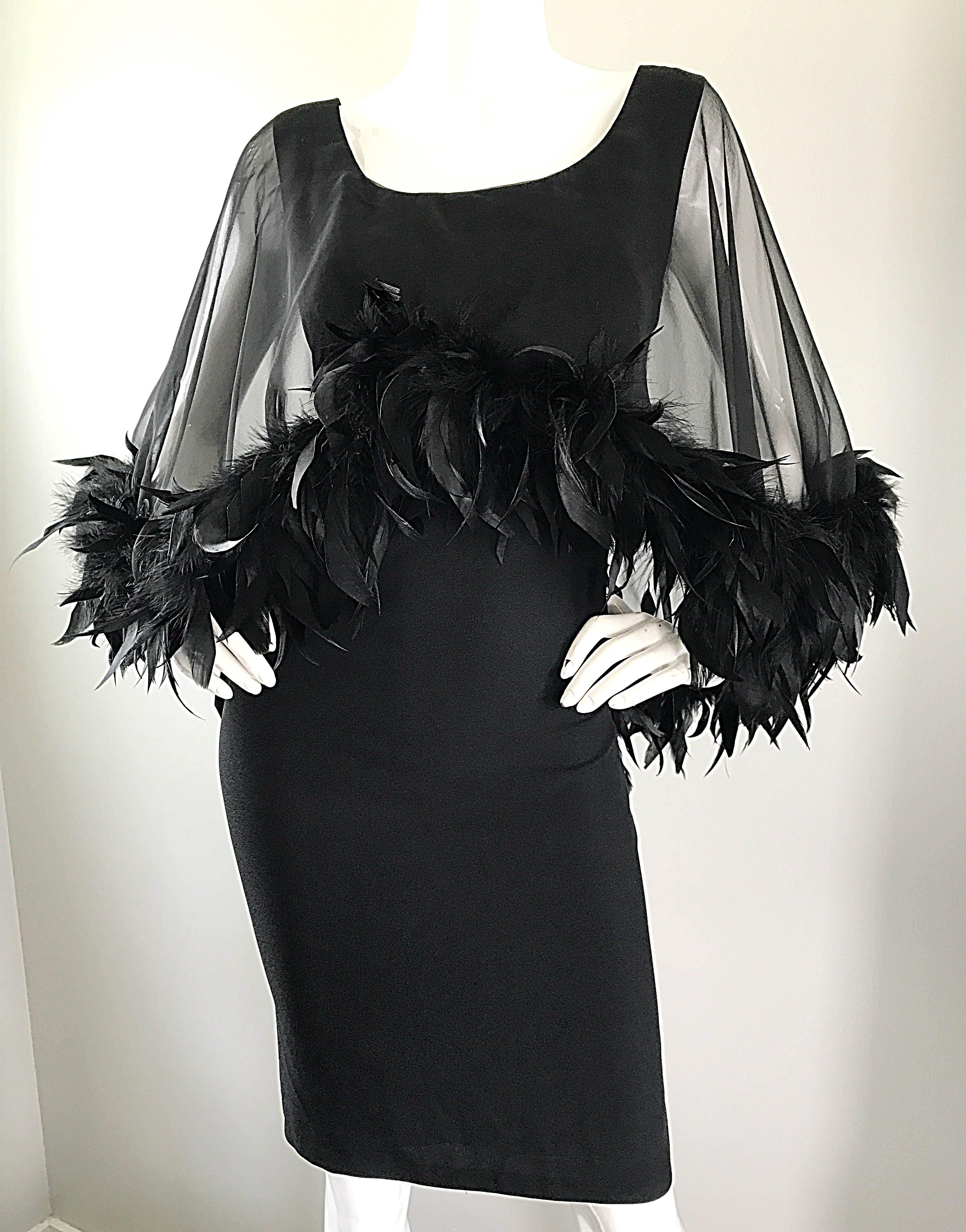Gorgeous 1950s Demi Couture Black Vintage 50s Dress w/ Sheer Feather Overlay 5