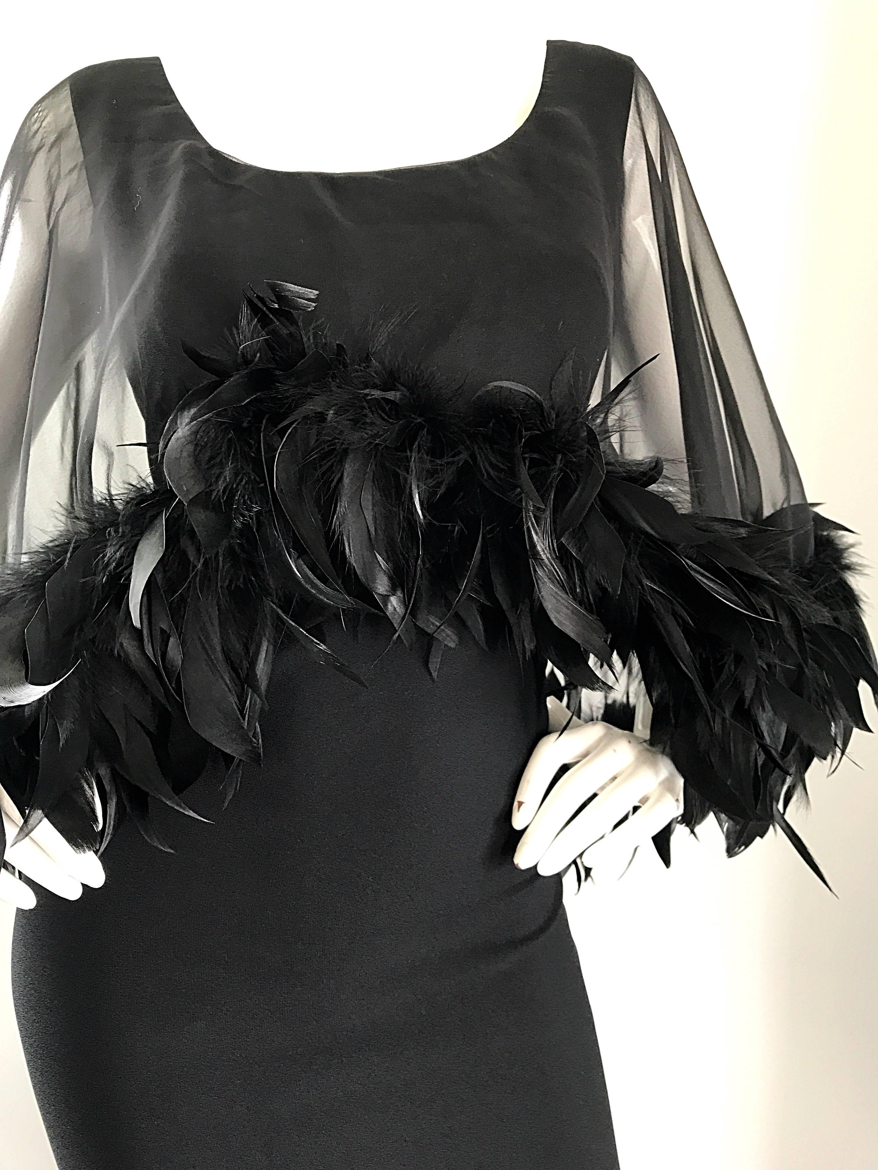 Gorgeous 1950s Demi Couture Black Vintage 50s Dress w/ Sheer Feather Overlay 6