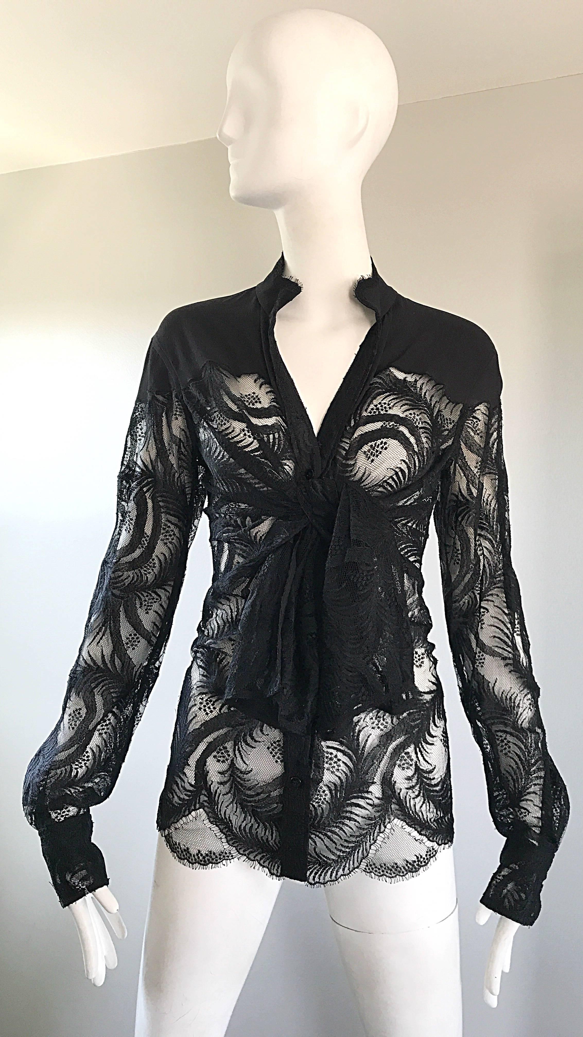 Absolutely gorgeous TOM FORD for YSL black silk Chantilly lace long sleeve blouse! This was honestly Saint Laurent at its' best! Couture quality, with so much attention to detail! Beautiful black lace, with two panels at each bust that tie in the