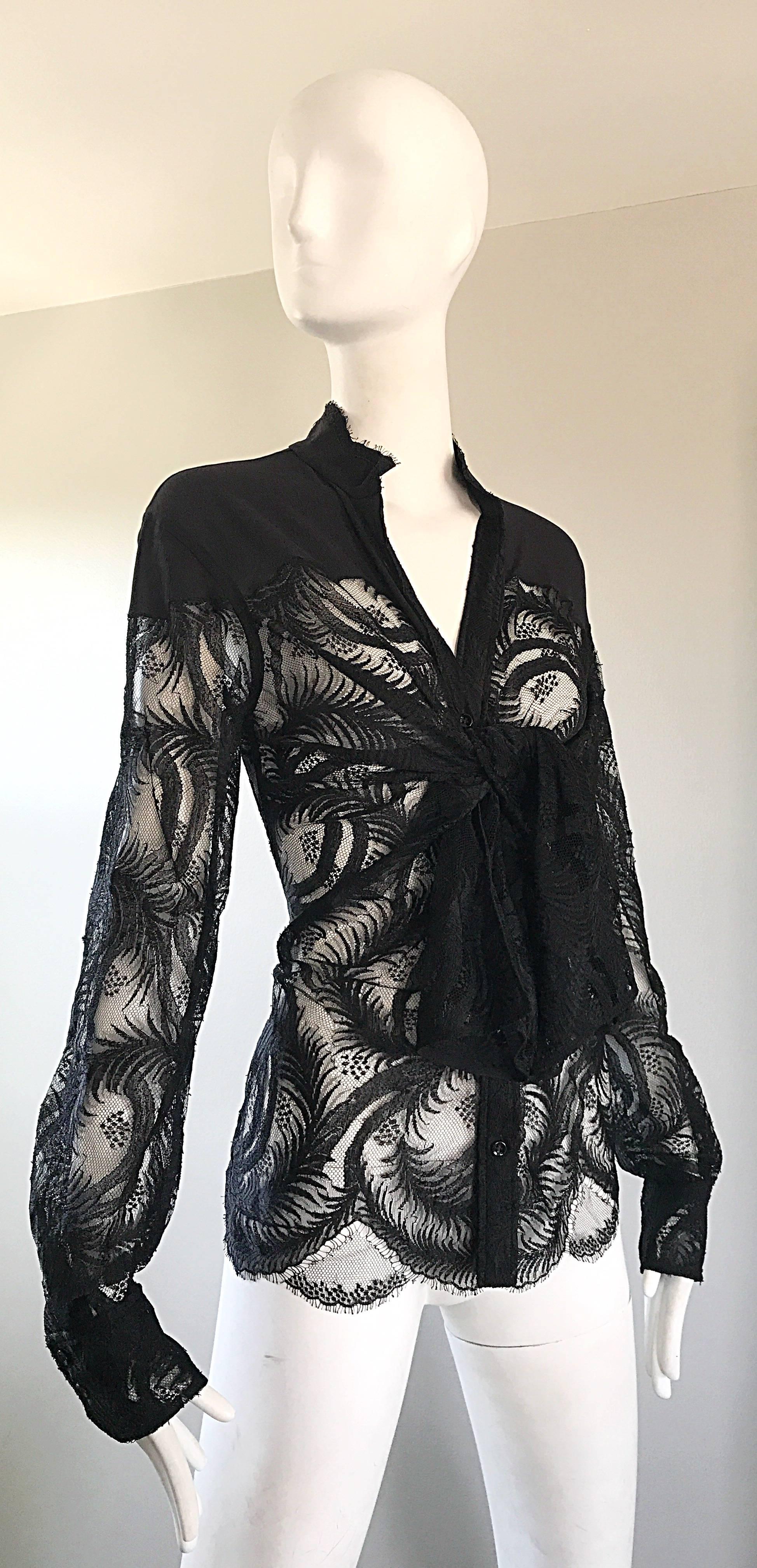 Tom Ford for Yves Saint Laurent Black Chantilly French Lace Semi Sheer Blouse In Excellent Condition In San Diego, CA