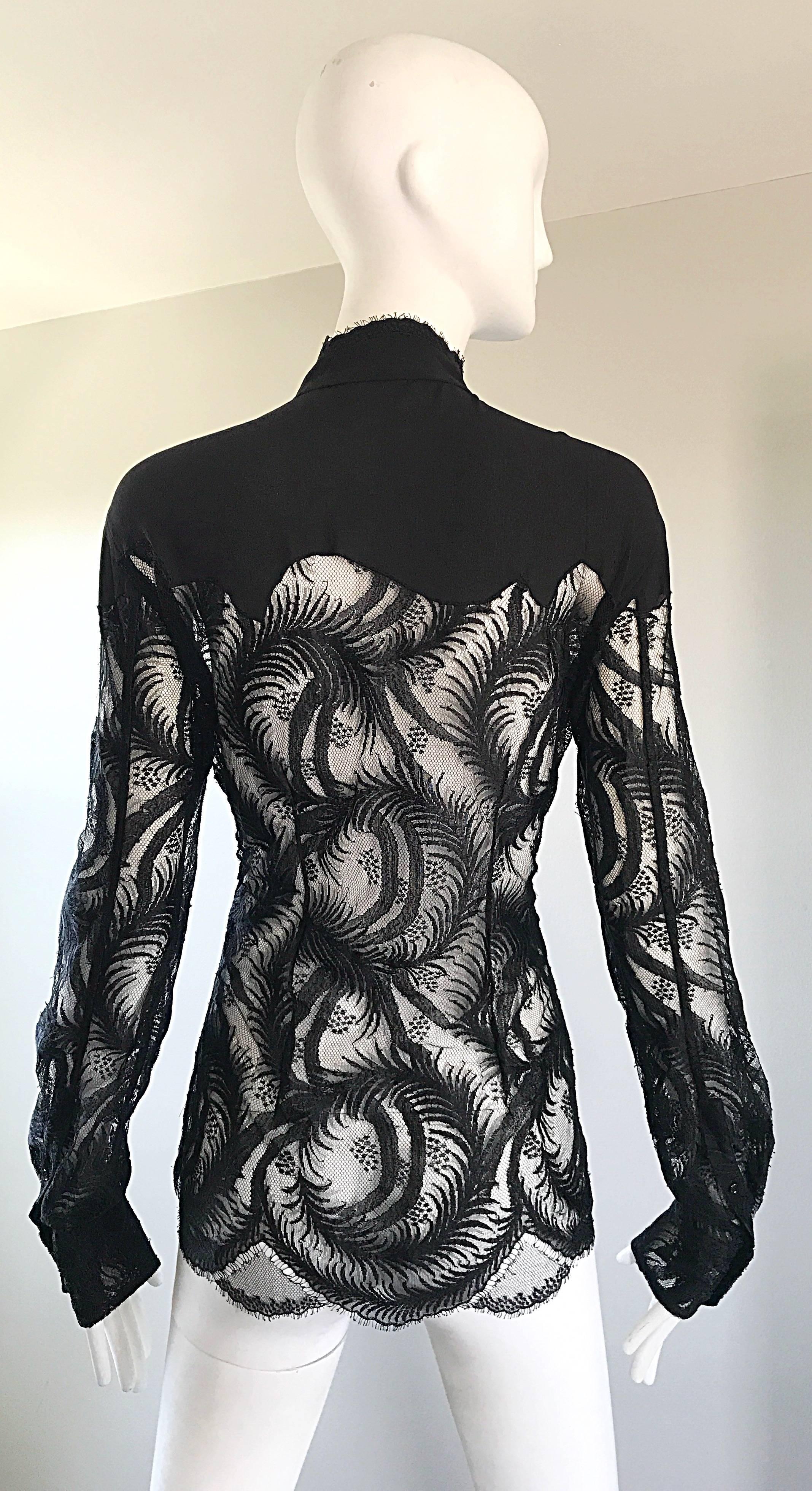 Women's Tom Ford for Yves Saint Laurent Black Chantilly French Lace Semi Sheer Blouse