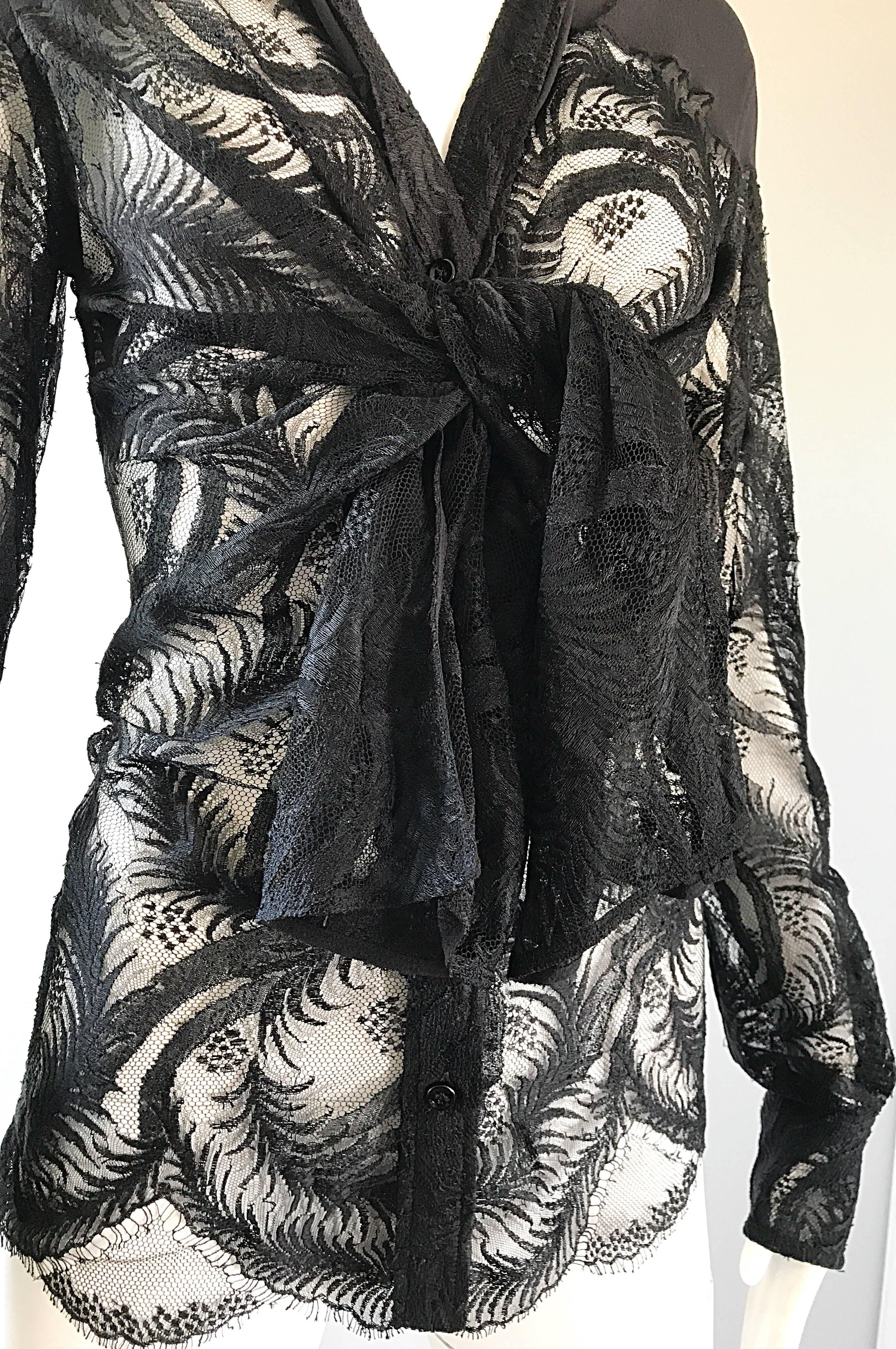Tom Ford for Yves Saint Laurent Black Chantilly French Lace Semi Sheer Blouse 2