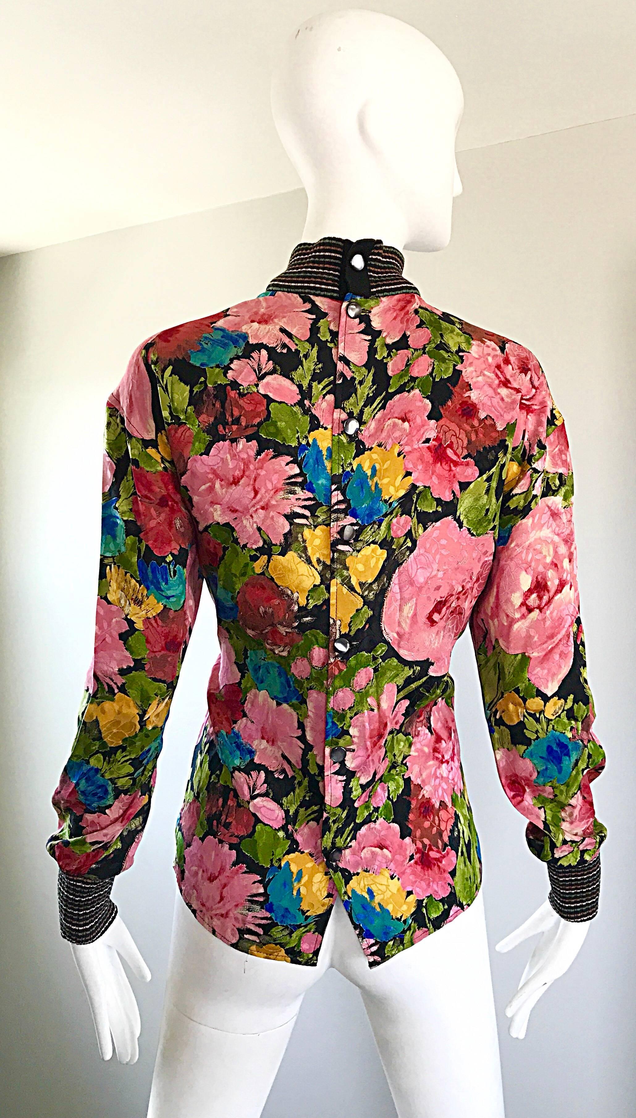 Beautiful Vintage Emanuel Ungaro 1990s Flower Print Silk + Knit 90s Blouse In Excellent Condition In San Diego, CA