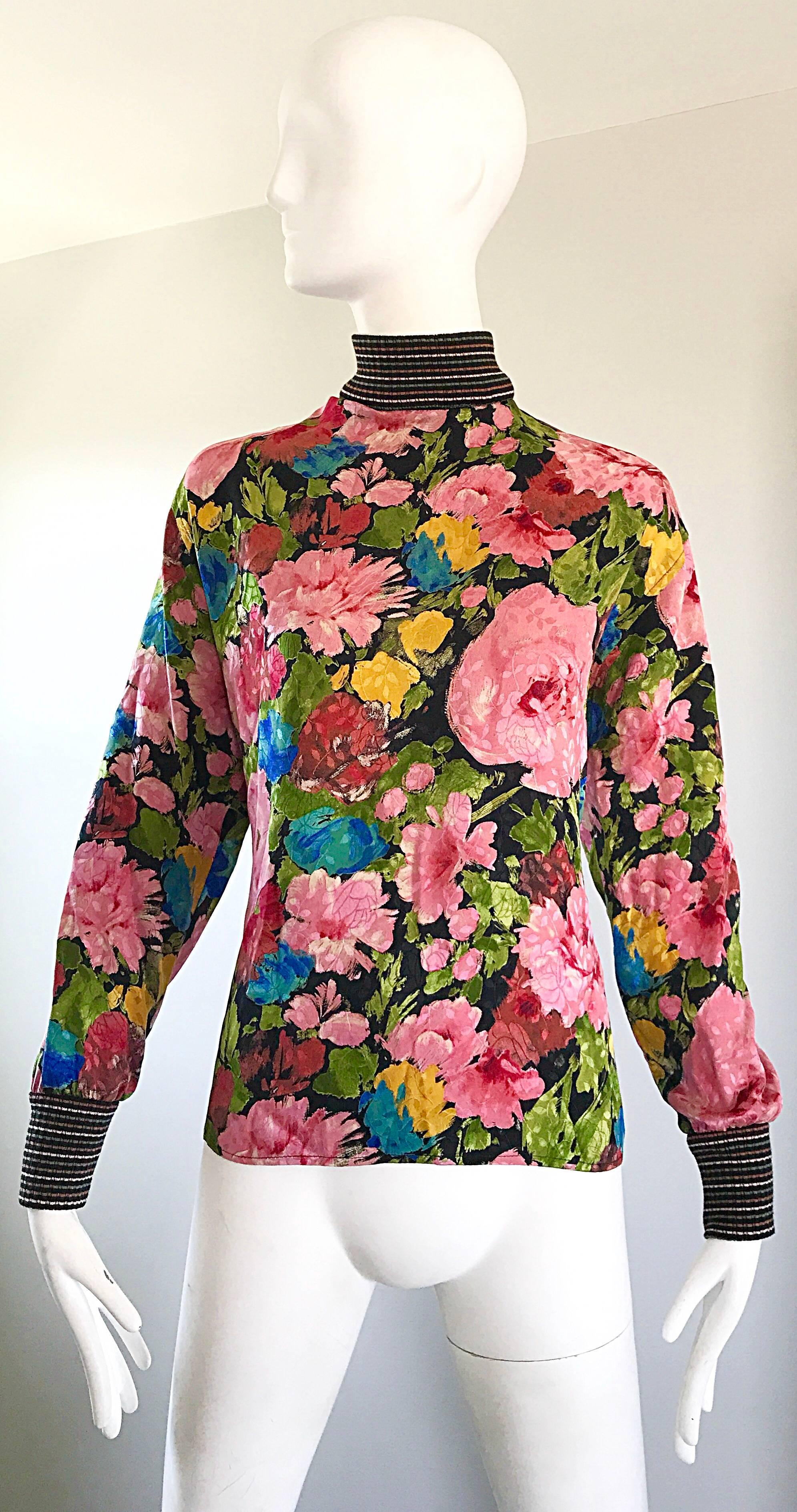 Women's Beautiful Vintage Emanuel Ungaro 1990s Flower Print Silk + Knit 90s Blouse