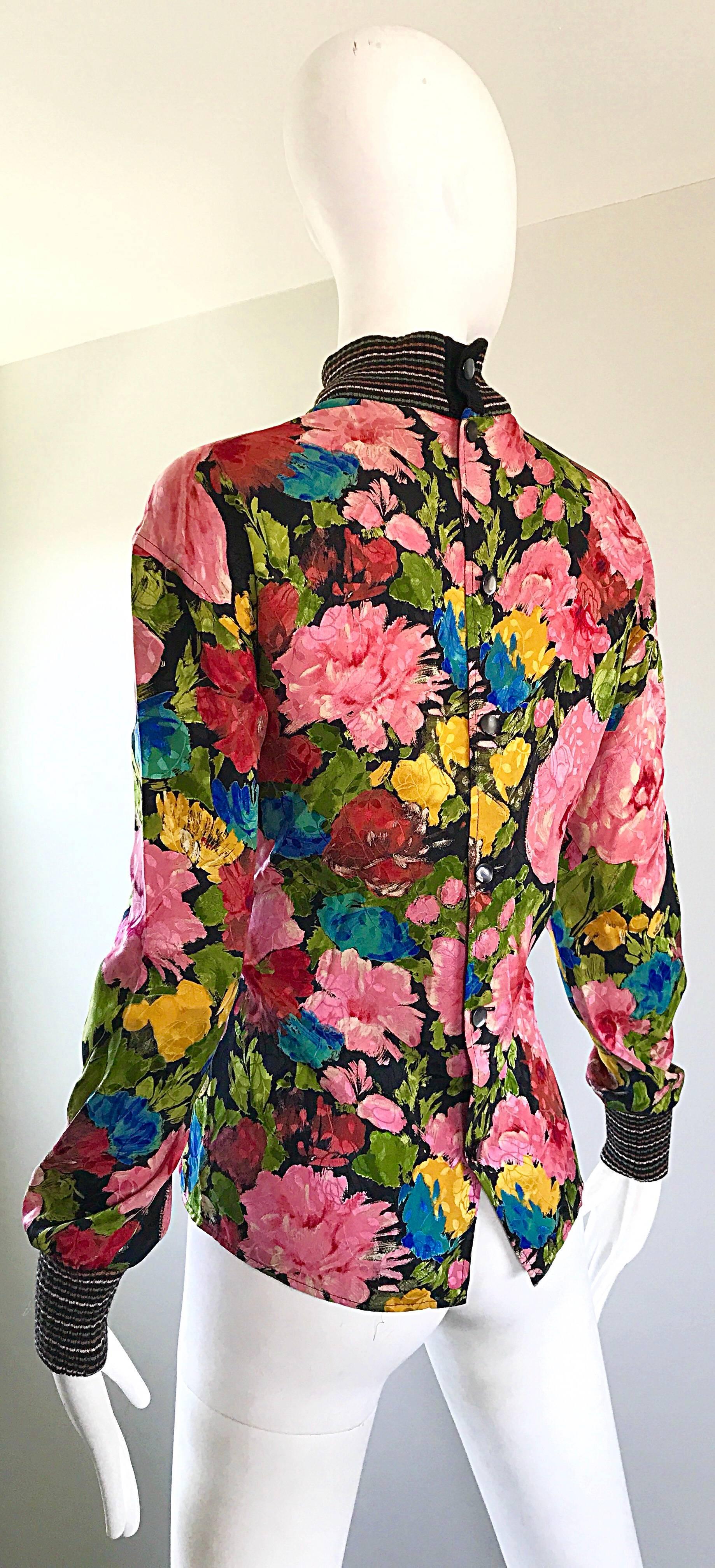 Beautiful Vintage Emanuel Ungaro 1990s Flower Print Silk + Knit 90s Blouse 1