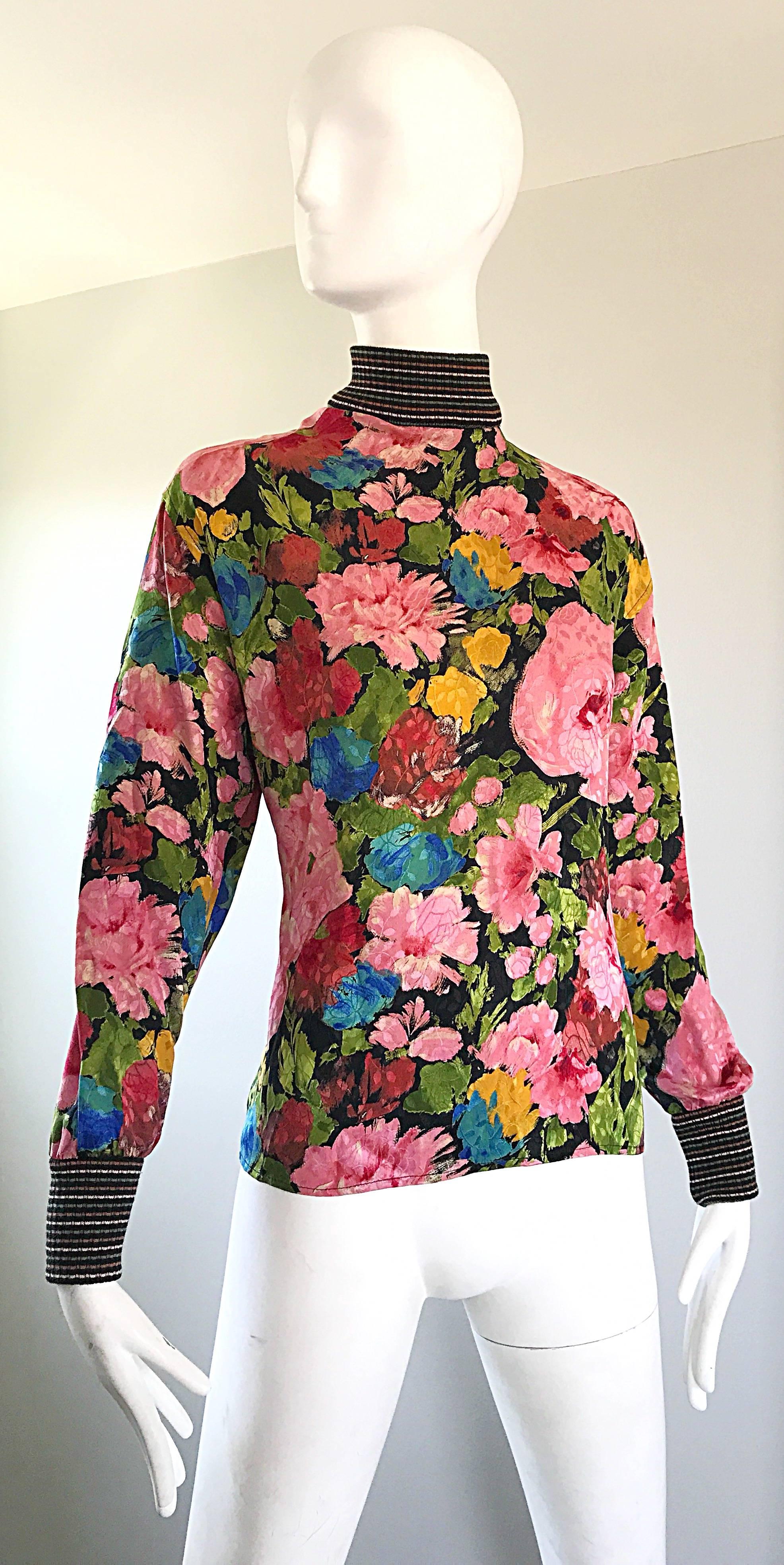 Beautiful Vintage Emanuel Ungaro 1990s Flower Print Silk + Knit 90s Blouse 2