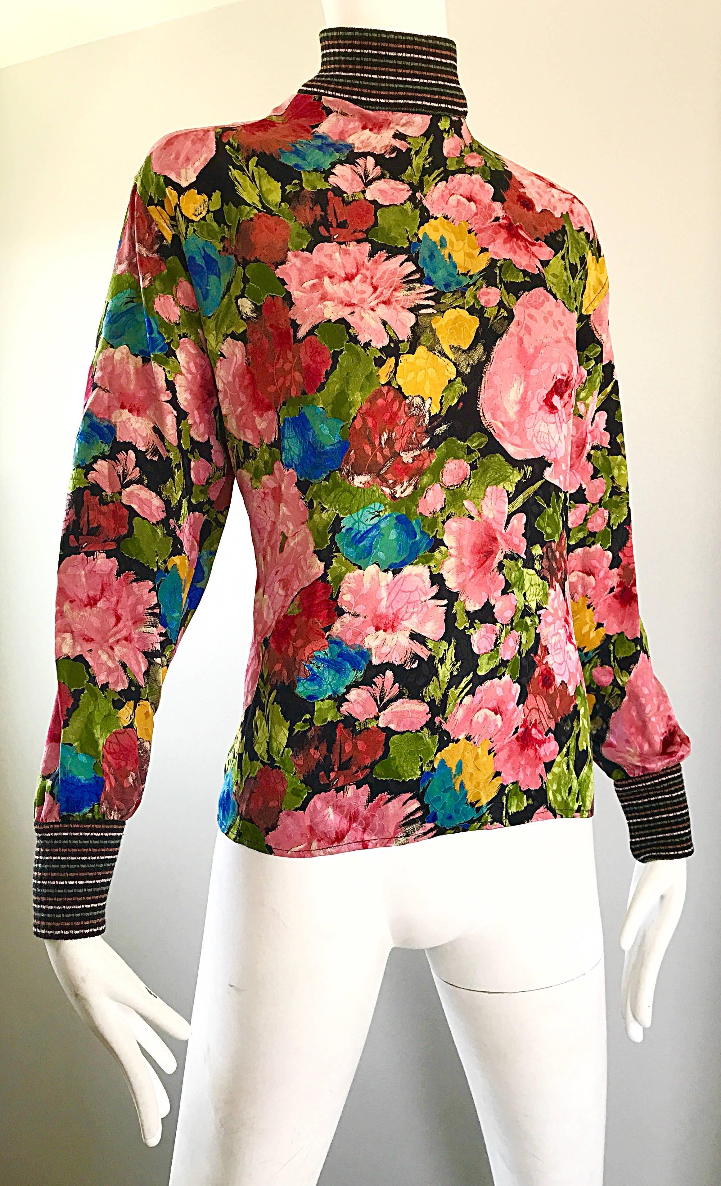 Beautiful Vintage Emanuel Ungaro 1990s Flower Print Silk + Knit 90s Blouse 3