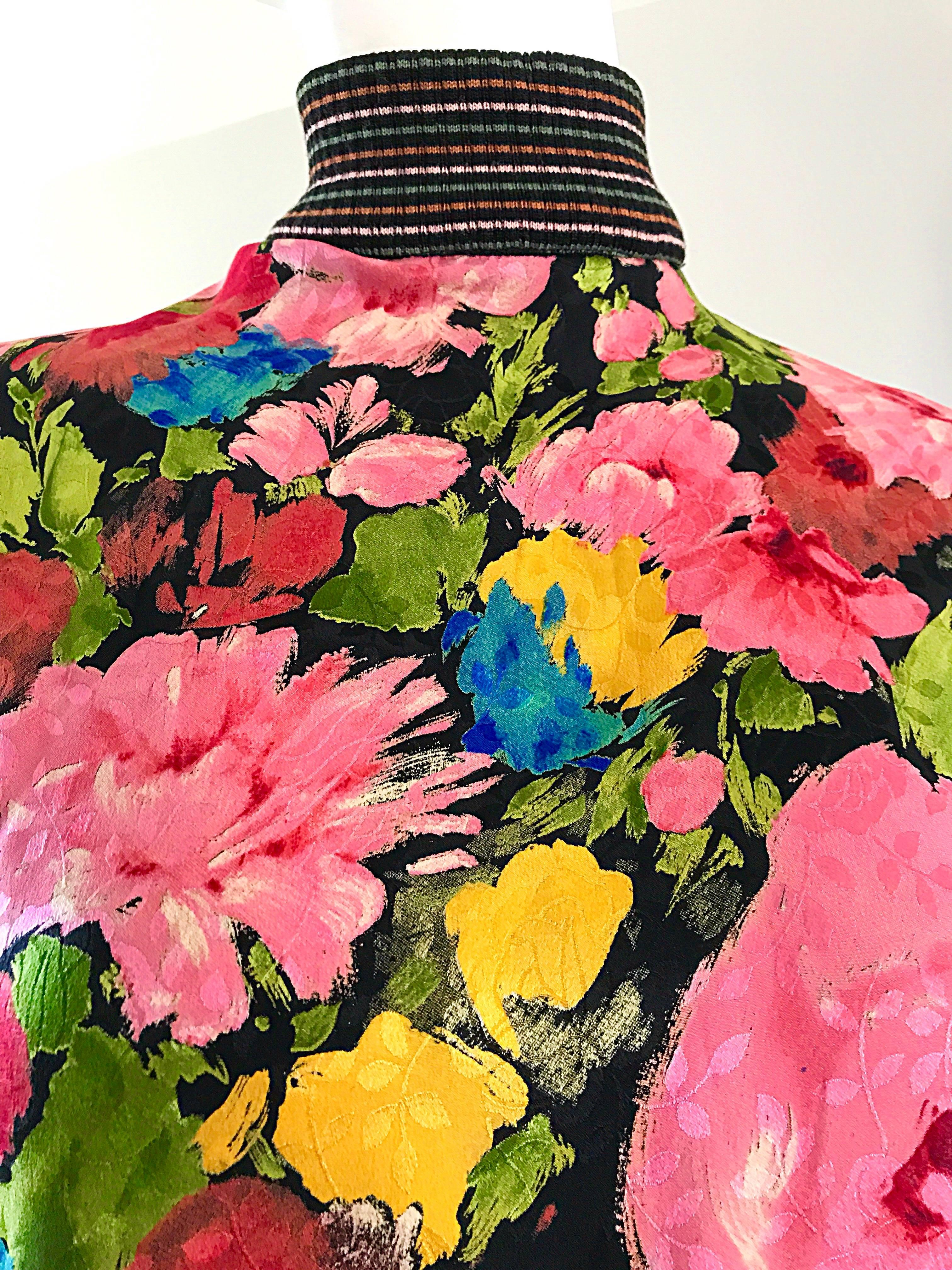 Beautiful Vintage Emanuel Ungaro 1990s Flower Print Silk + Knit 90s Blouse 5