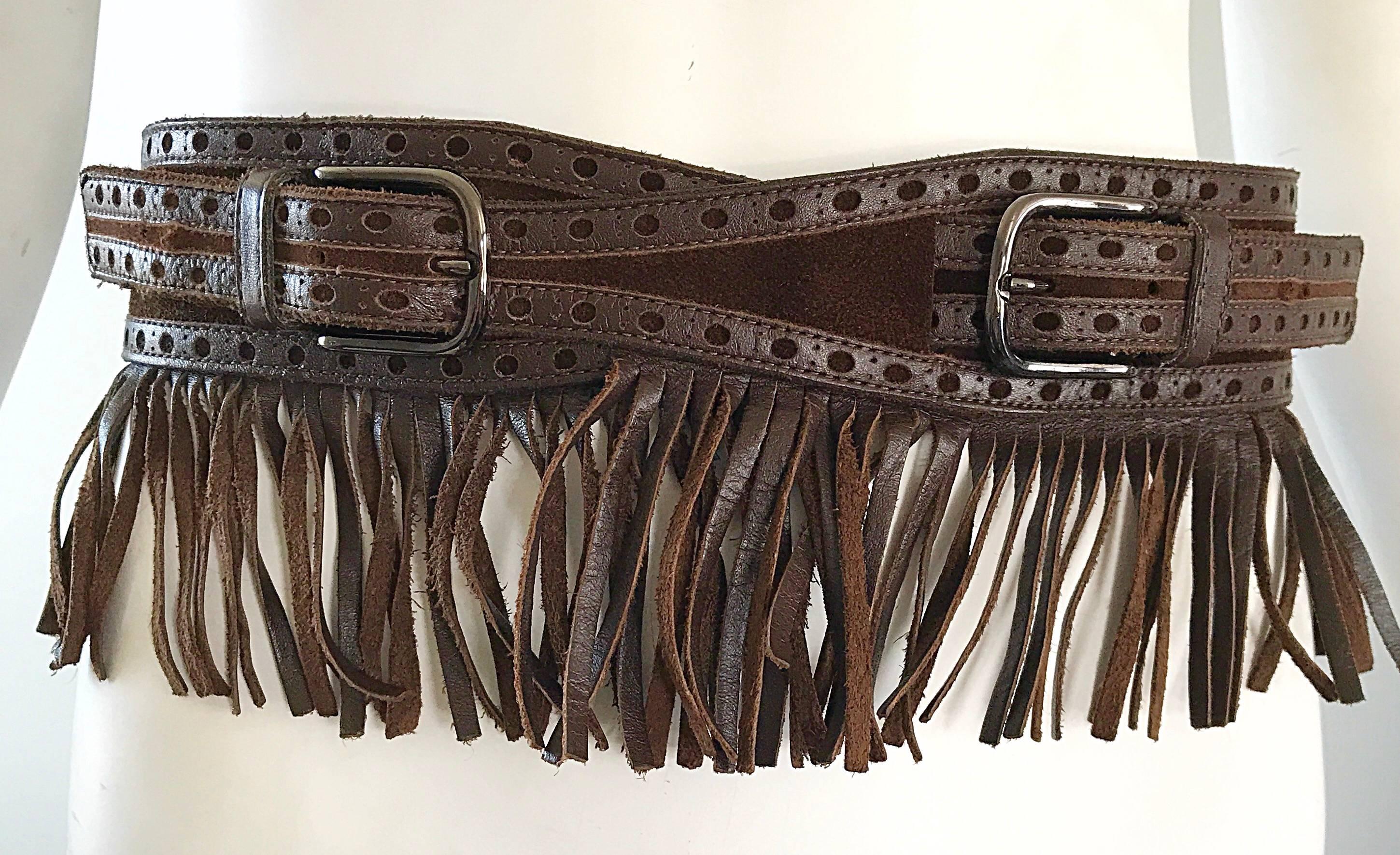 1970s Yves Saint Laurent Brown Leather + Suede Fringe Vintage 70s Boho Belt YSL In Excellent Condition In San Diego, CA