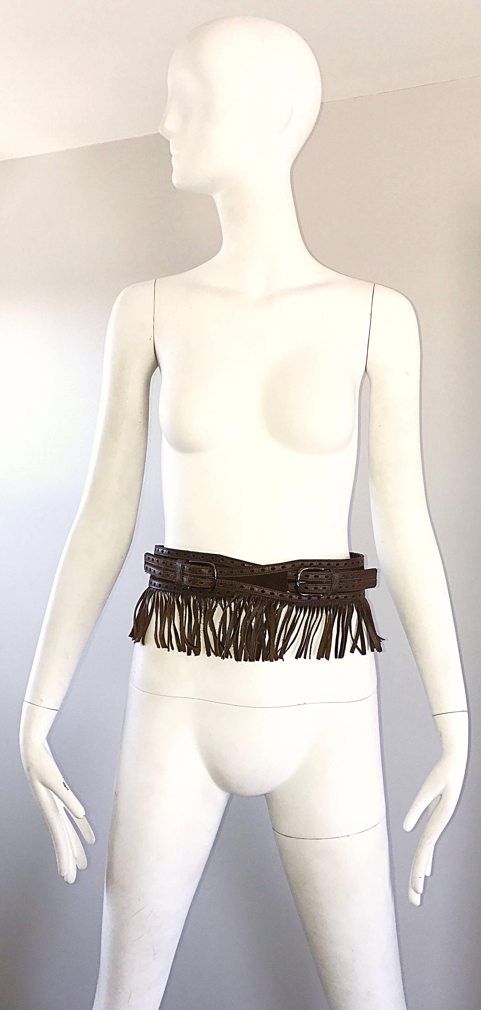 Women's 1970s Yves Saint Laurent Brown Leather + Suede Fringe Vintage 70s Boho Belt YSL