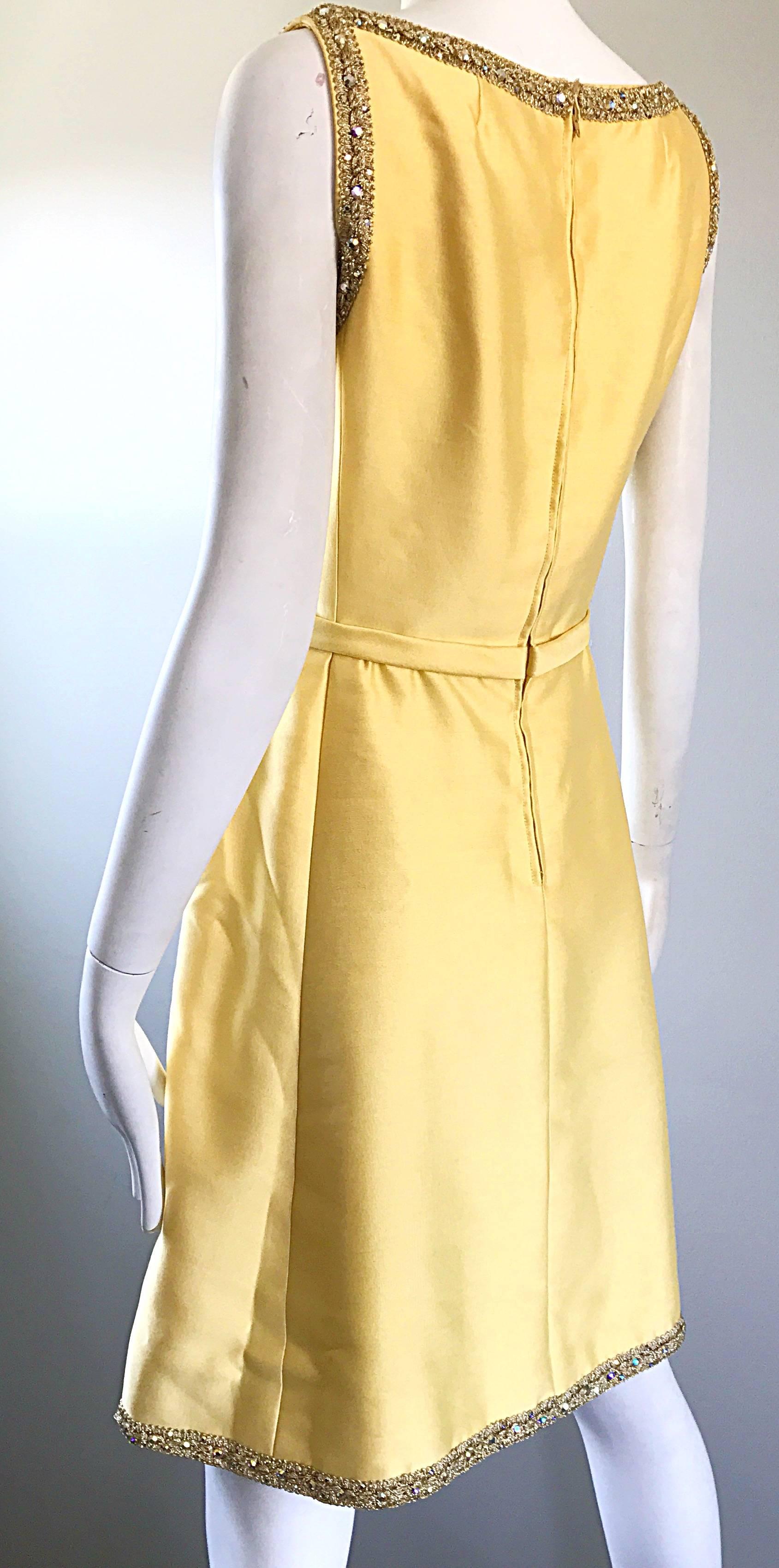 Beige Chic 1960s Jerry Silverman Canary Yellow Silk Shantung Vintage 60s A Line Dress