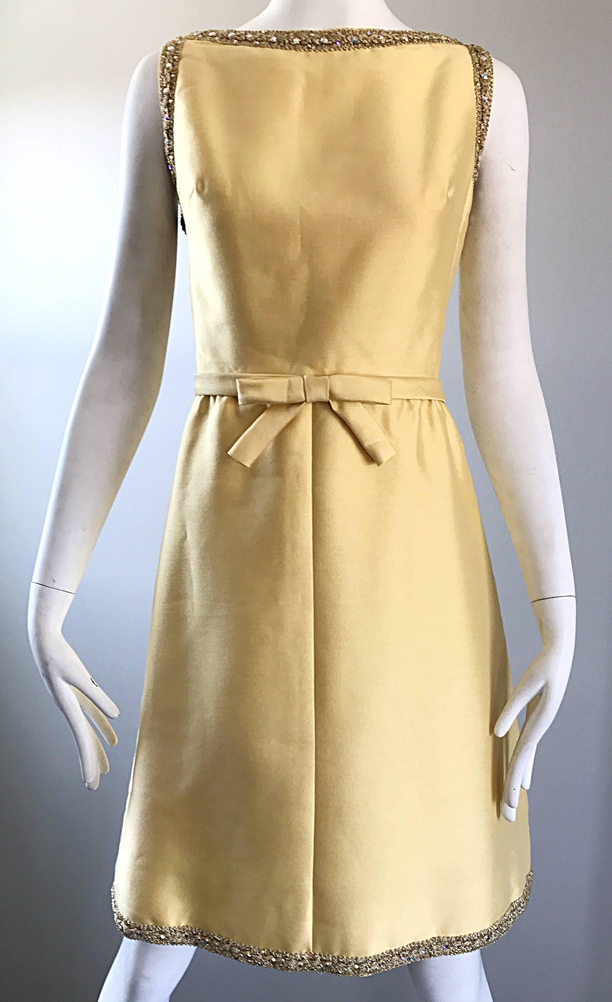 Chic 1960s Jerry Silverman Canary Yellow Silk Shantung Vintage 60s A Line Dress In Excellent Condition In San Diego, CA