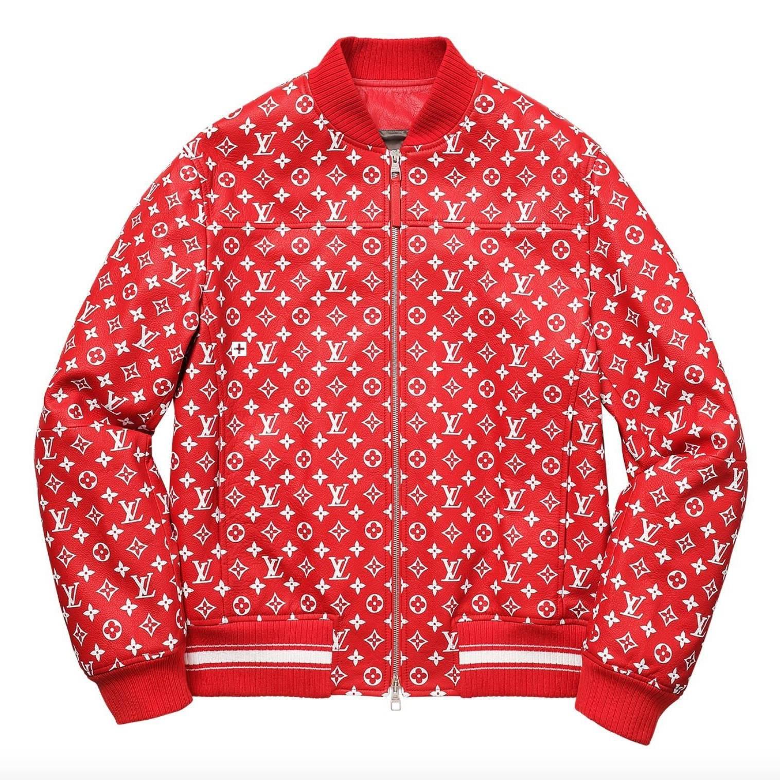 Guaranteed authentic highly coveted and sought after Louis Vuitton Supreme X Very Limited Edition LV Monogram leather bomber jacket.
Red fabric around neck, cuffs, and hips with SUPREME at rear.
Logo embossed front zip.
The collection is sold out