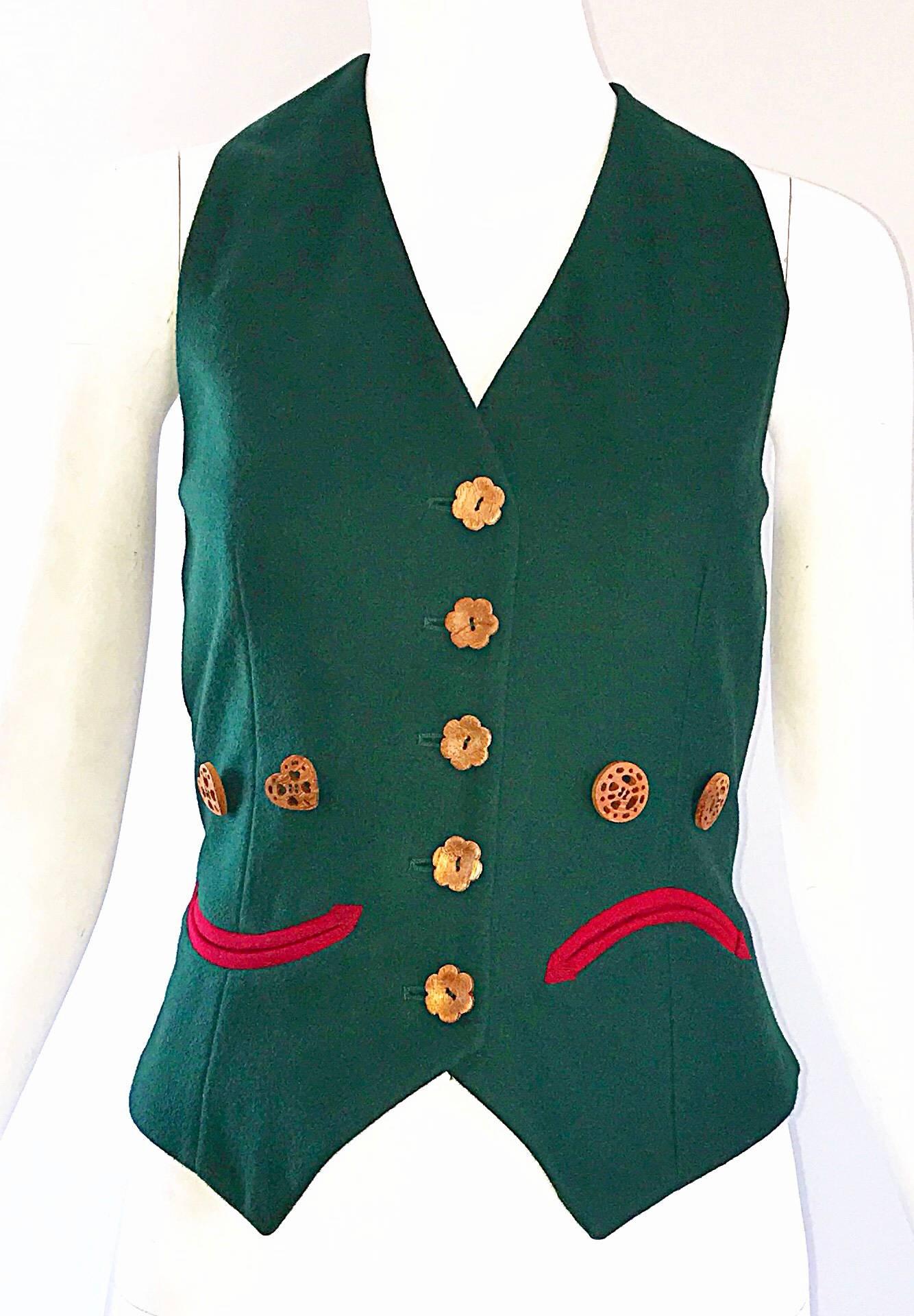 Black 1990s Moschino Cheap & Chic Happy / Sad Hunter Green Carved Wood Waistcoat Vest For Sale