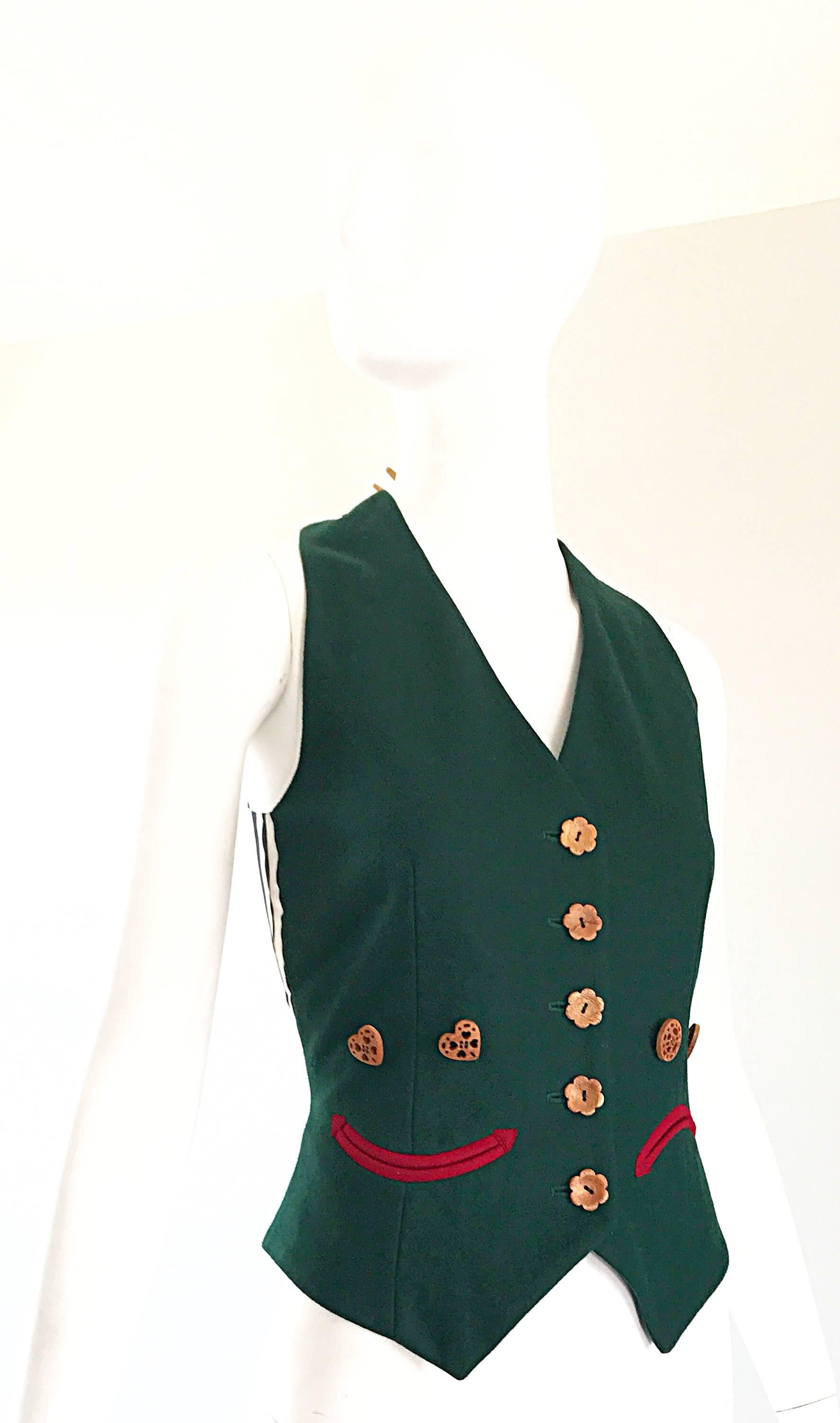 1990s Moschino Cheap & Chic Happy / Sad Hunter Green Carved Wood Waistcoat Vest For Sale 3