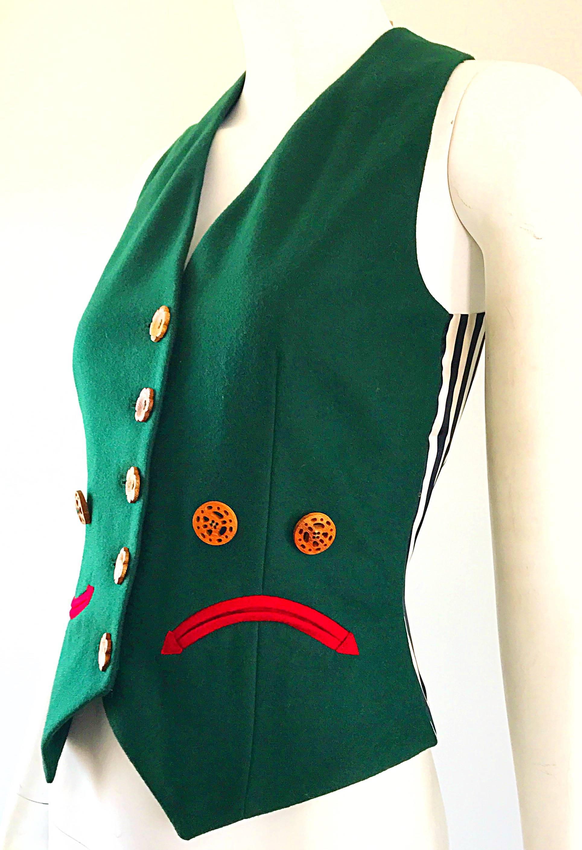 1990s Moschino Cheap & Chic Happy / Sad Hunter Green Carved Wood Waistcoat Vest For Sale 1