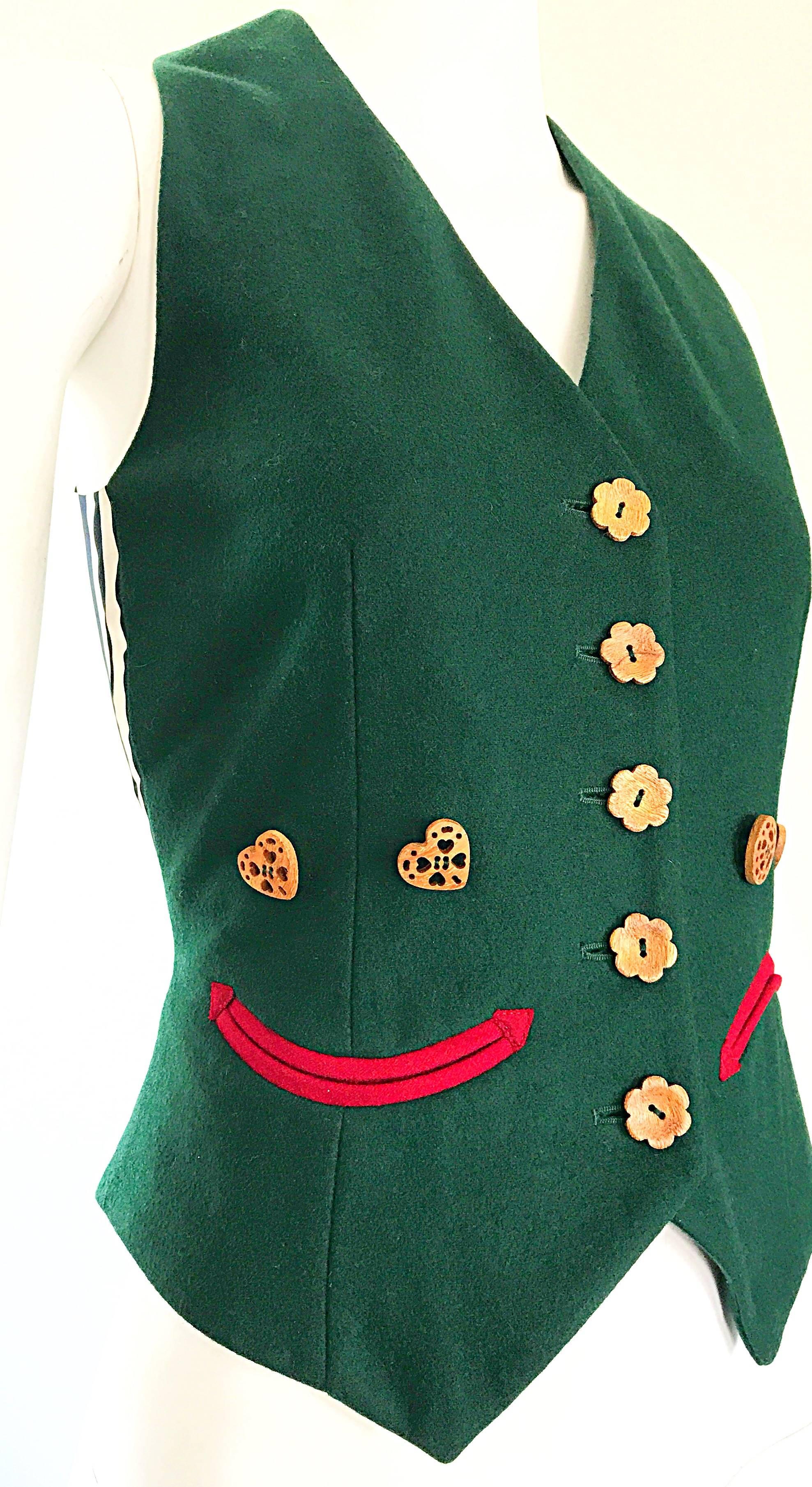 1990s Moschino Cheap & Chic Happy / Sad Hunter Green Carved Wood Waistcoat Vest For Sale 2