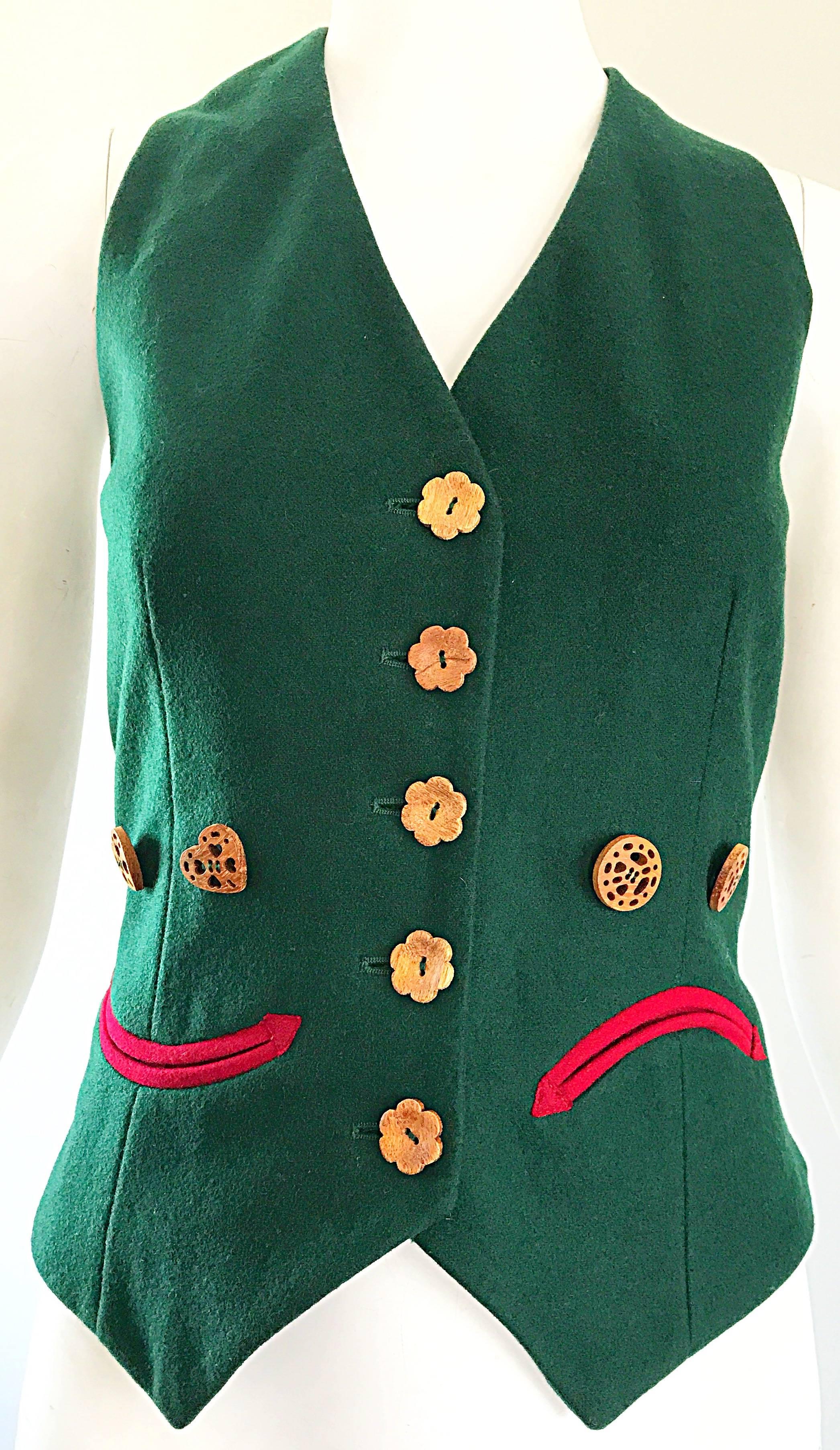 1990s Moschino Cheap & Chic Happy / Sad Hunter Green Carved Wood Waistcoat Vest In Excellent Condition For Sale In San Diego, CA