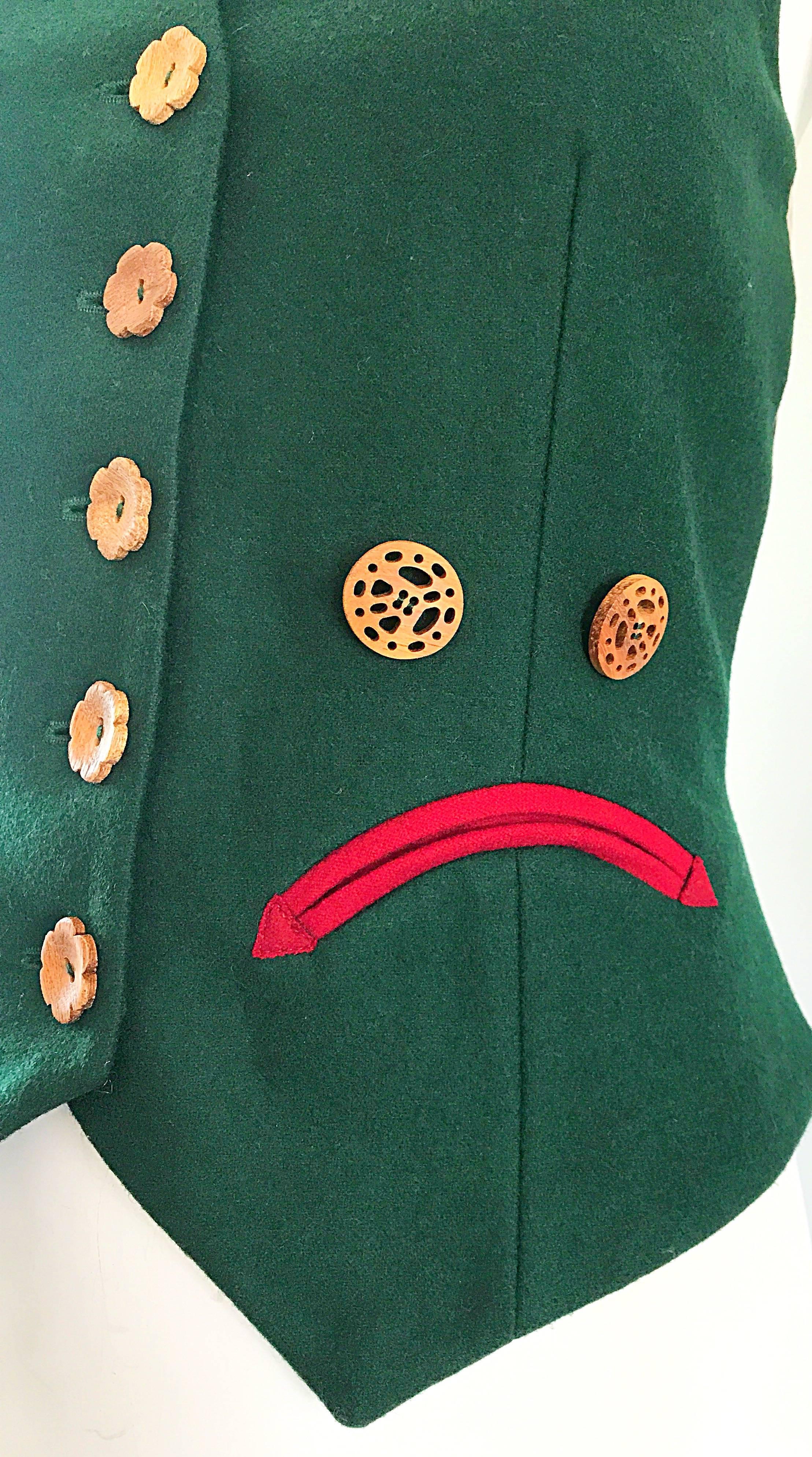 Women's 1990s Moschino Cheap & Chic Happy / Sad Hunter Green Carved Wood Waistcoat Vest For Sale