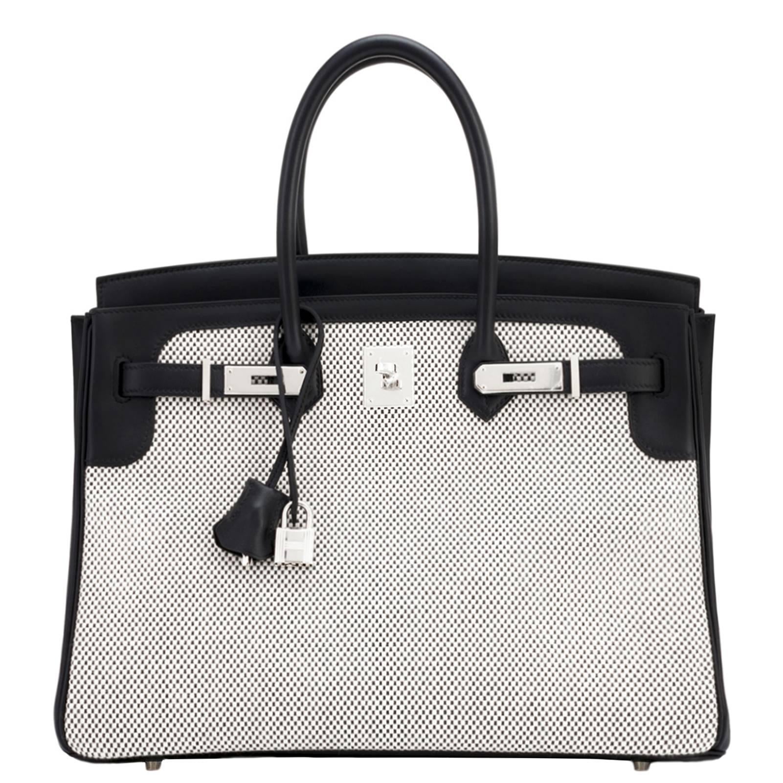 Hermes Black Swift Leather Criss Cross Ecru Graphite Toile 35cm Birkin 