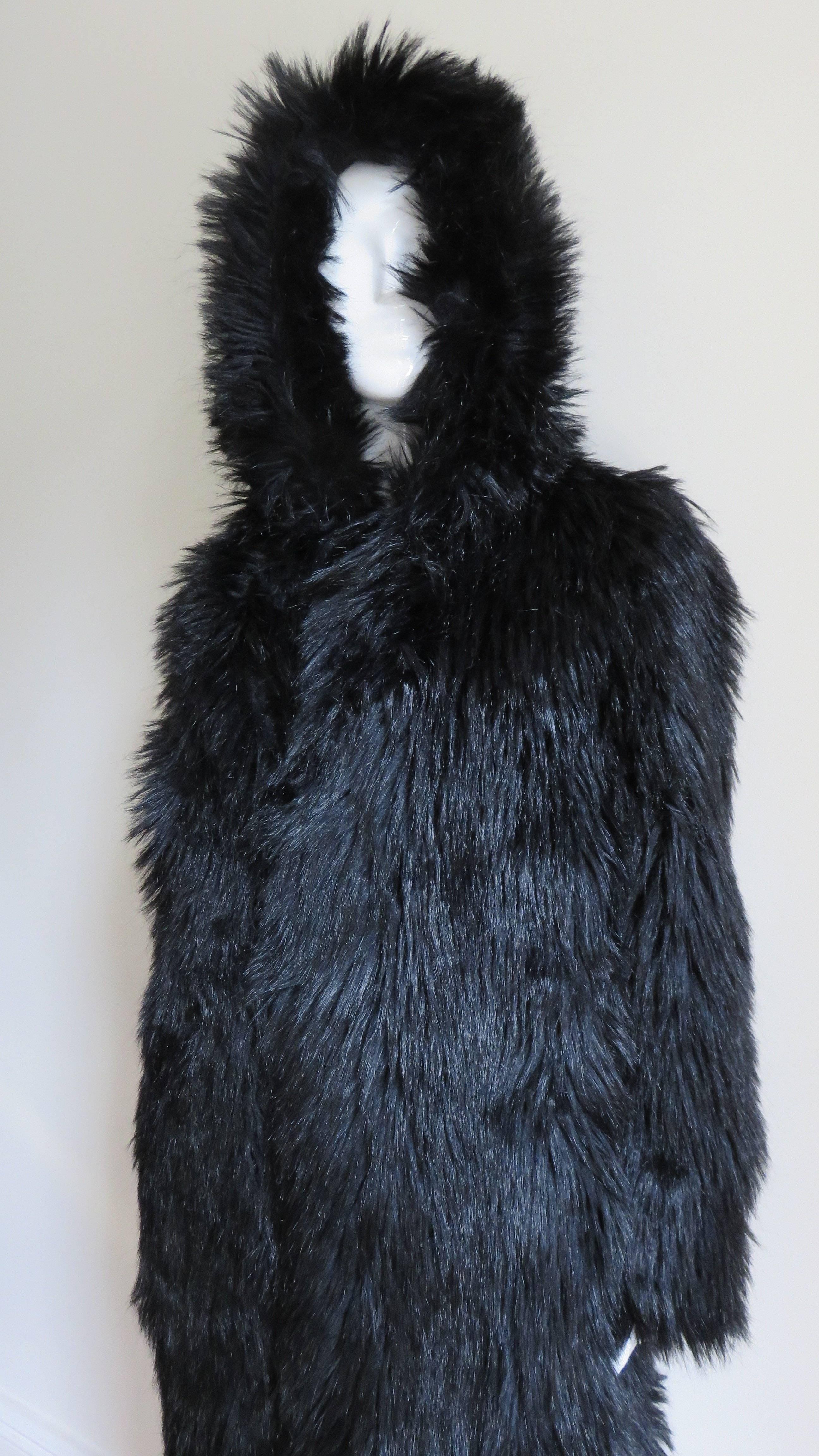 Women's 1980s Betsey Johnson Faux Fur Hooded Maxi Coat
