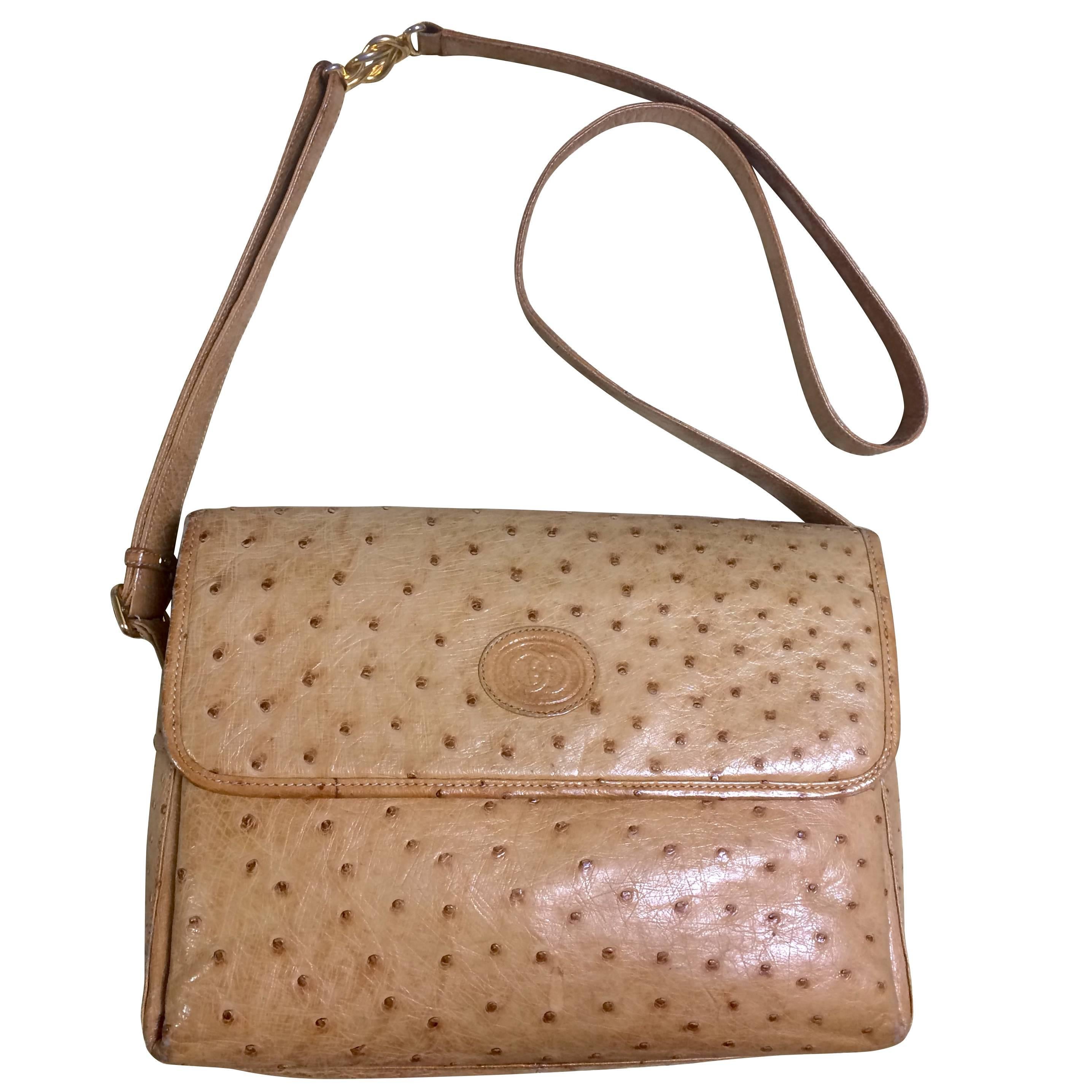 Vintage GUCCI nude brown genuine ostrich leather camera bag style shoulder bag. For Sale