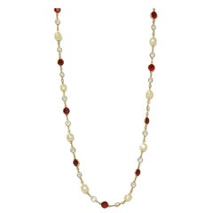 Chanel Vintage 1981 Red Strass Crystal & Faux Pearl 36" Sautoir Necklace