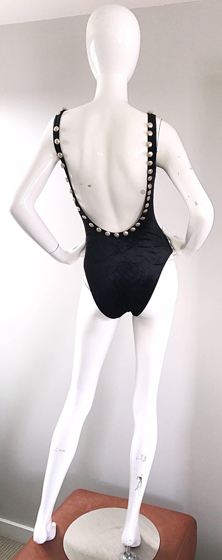 Vintage Moschino 1990s Black and White Velour Pearl Encrusted Bodysuit Swimsuit In Excellent Condition For Sale In San Diego, CA