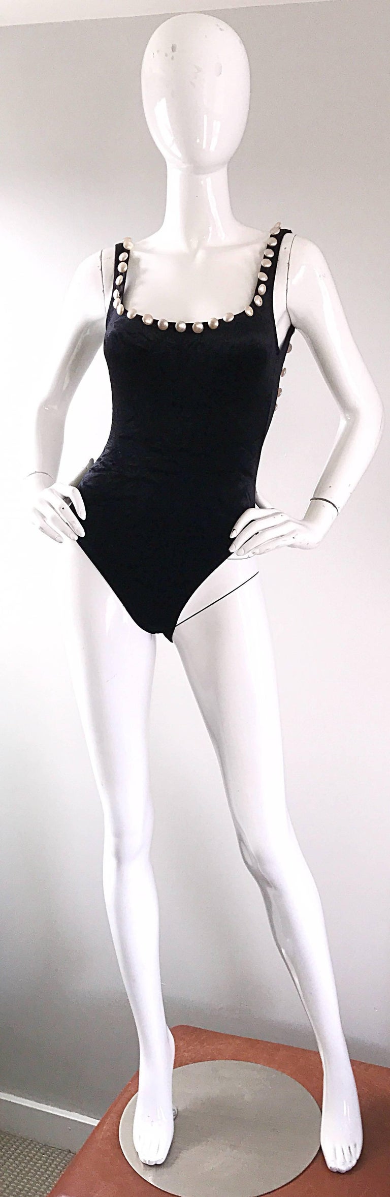 Vintage Moschino 1990s Black and White Velour Pearl Encrusted Bodysuit Swimsuit For Sale 1