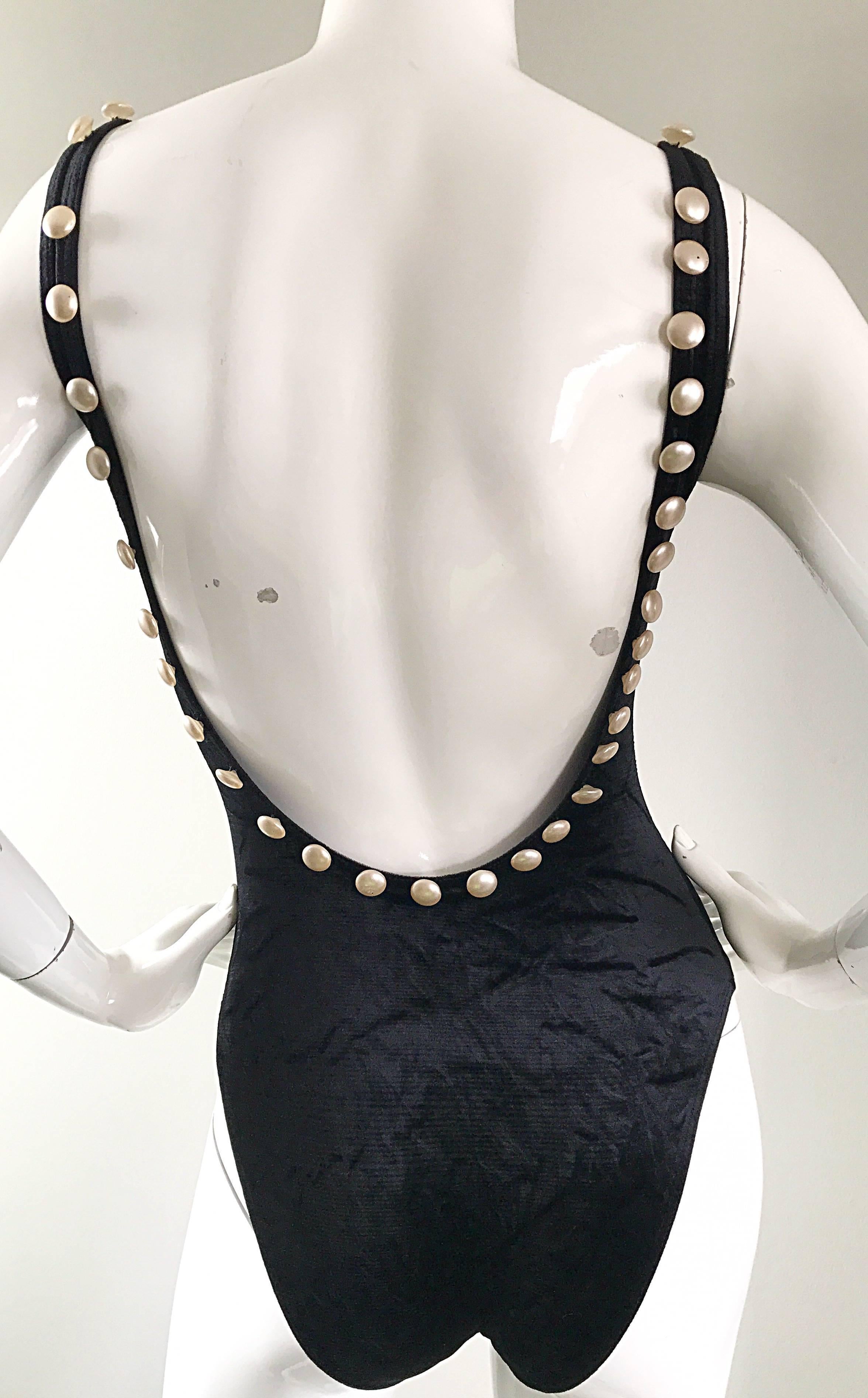 Women's Vintage Moschino 1990s Black and White Velour Pearl Encrusted Bodysuit Swimsuit For Sale